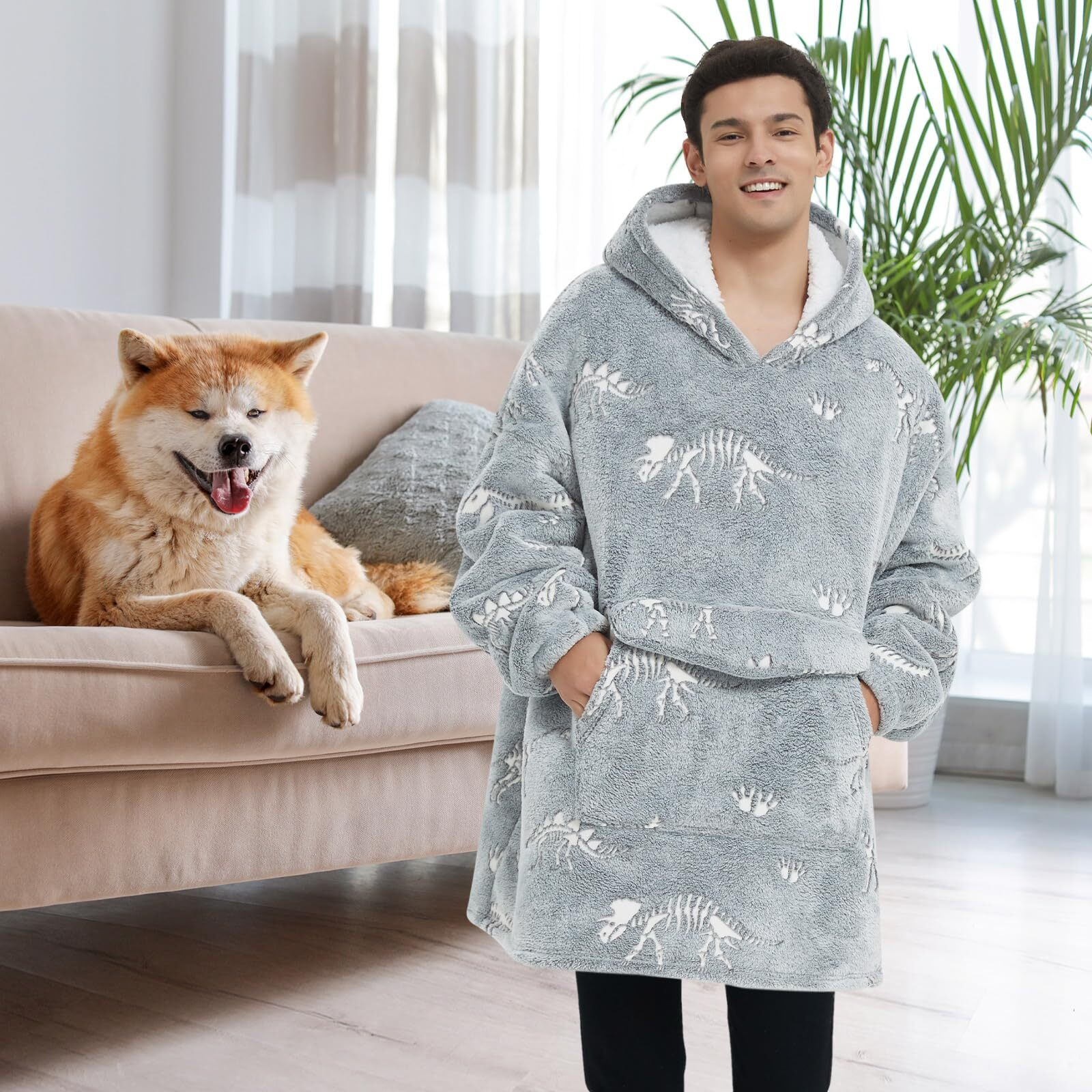 Fiosnow Glow In The Dark Dinosaur Fossil Blanket Hoodies For Women And Men Adult Oversize Wearable Blanket Hoodies For Soft And Warm