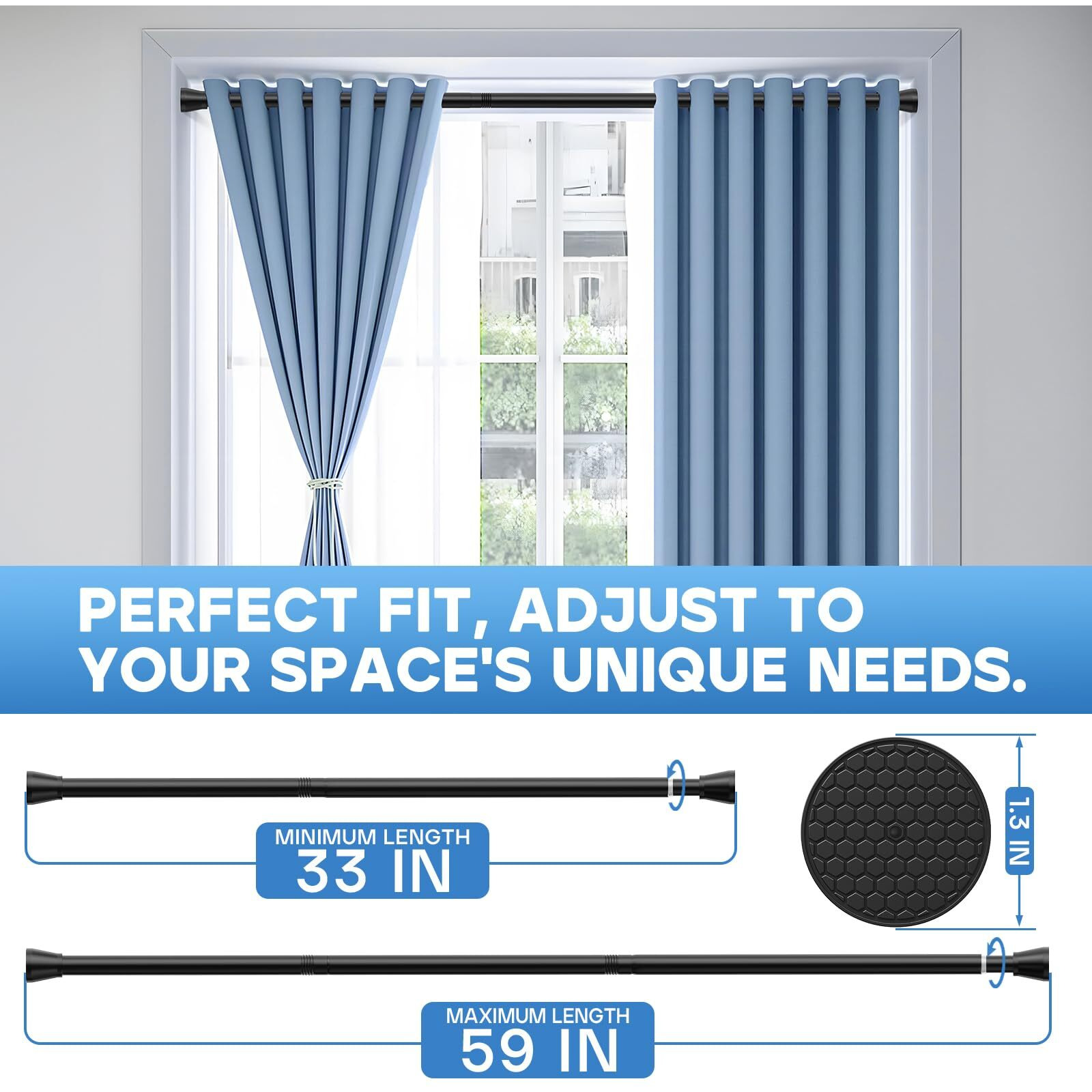 Fvonzn Black Shower Curtain Rod - Premium Adjustable 33-59 Inch Tension Curtain Rod  No Drill  Non-Slip  Spring Tension Shower Rod For Bathroom