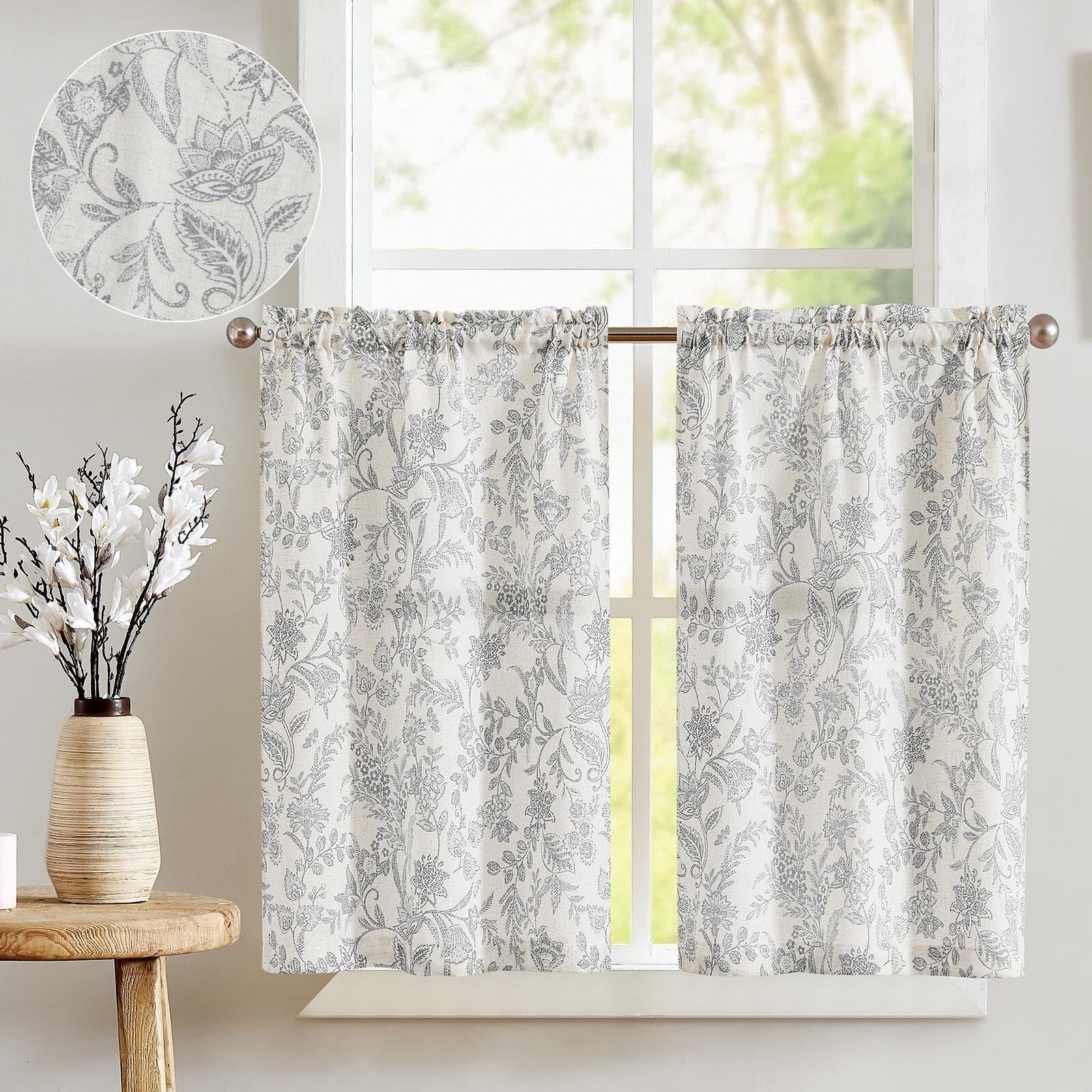 Jinchan Floral Kitchen Curtains 24 Inch Gray Linen Tier Curtains Farmhouse Cafe Curtains Country Botanic Small Window Curtains Rod Pocket Rustic Flax For Laundry Room Bathroom 2 Panels Grey On Beige