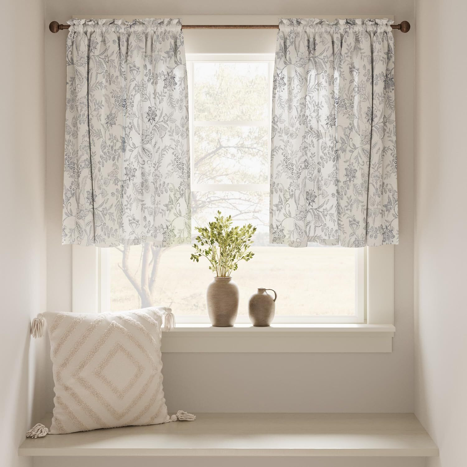 Jinchan Floral Kitchen Curtains 24 Inch Gray Linen Tier Curtains Farmhouse Cafe Curtains Country Botanic Small Window Curtains Rod Pocket Rustic Flax For Laundry Room Bathroom 2 Panels Grey On Beige