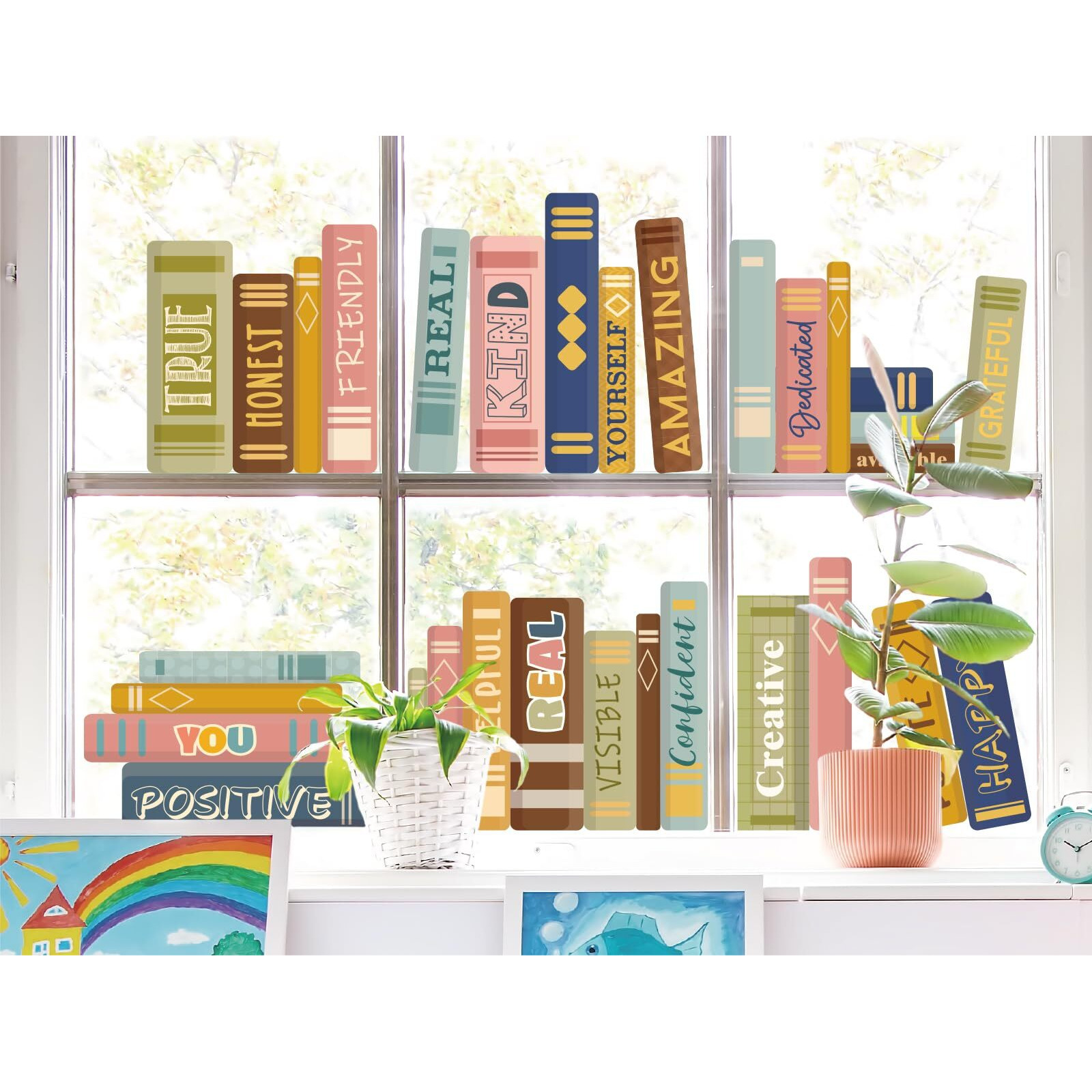 Jarthenaamcs Boho Book Window Clings Boho Book Print Window Stickers Double Sided Glass Decals For First Day Of School Back To School Party Home Classroom Library Wall Decor  6 Sheet