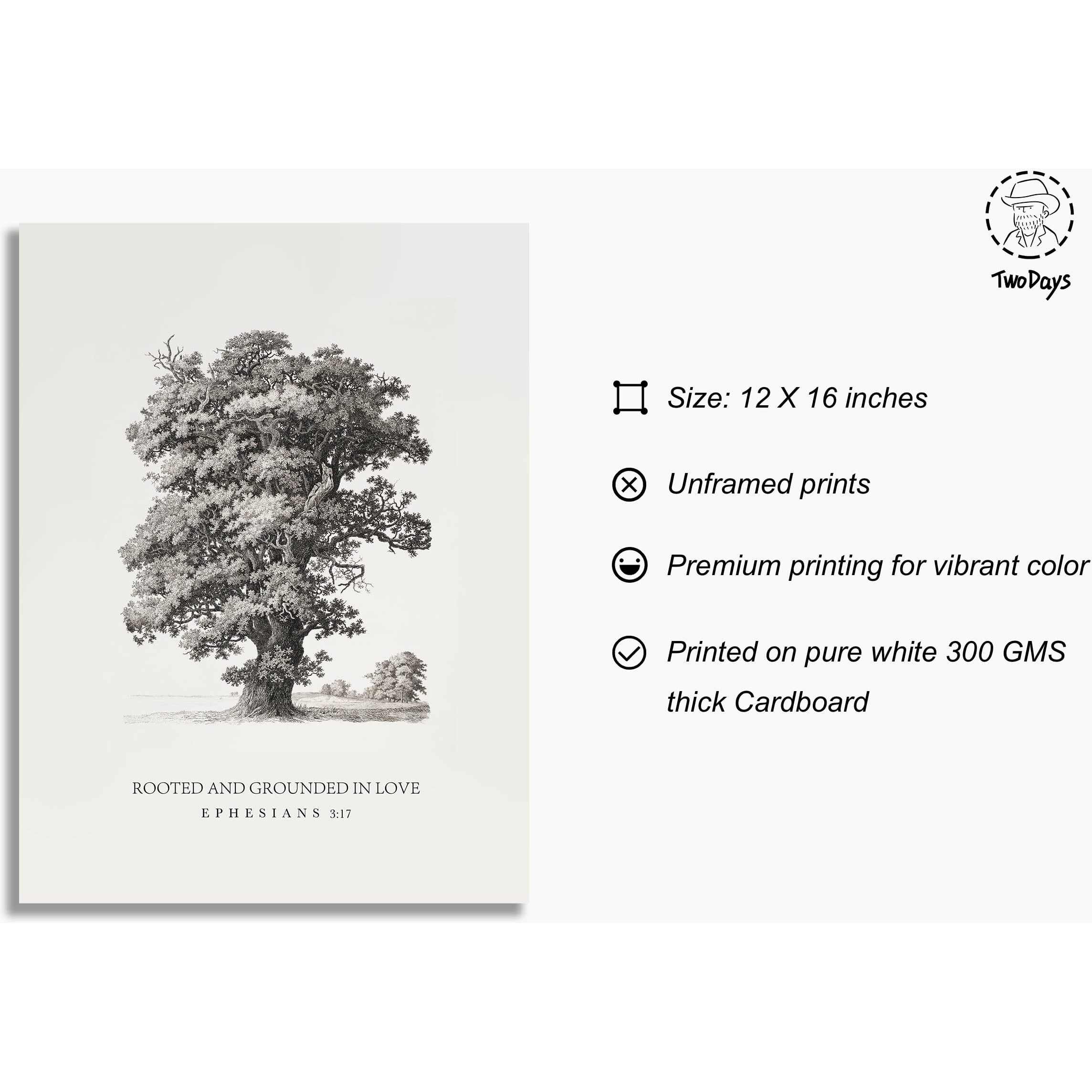 Twodays Christian Wall Art  Rooted And Grounded In Love Bible Verses Room Decor  Large Scripture Painting  Ephesians 317 Religious Poster  Vintage Tree Artwork For Home. (12"" X 16""  Unframed)