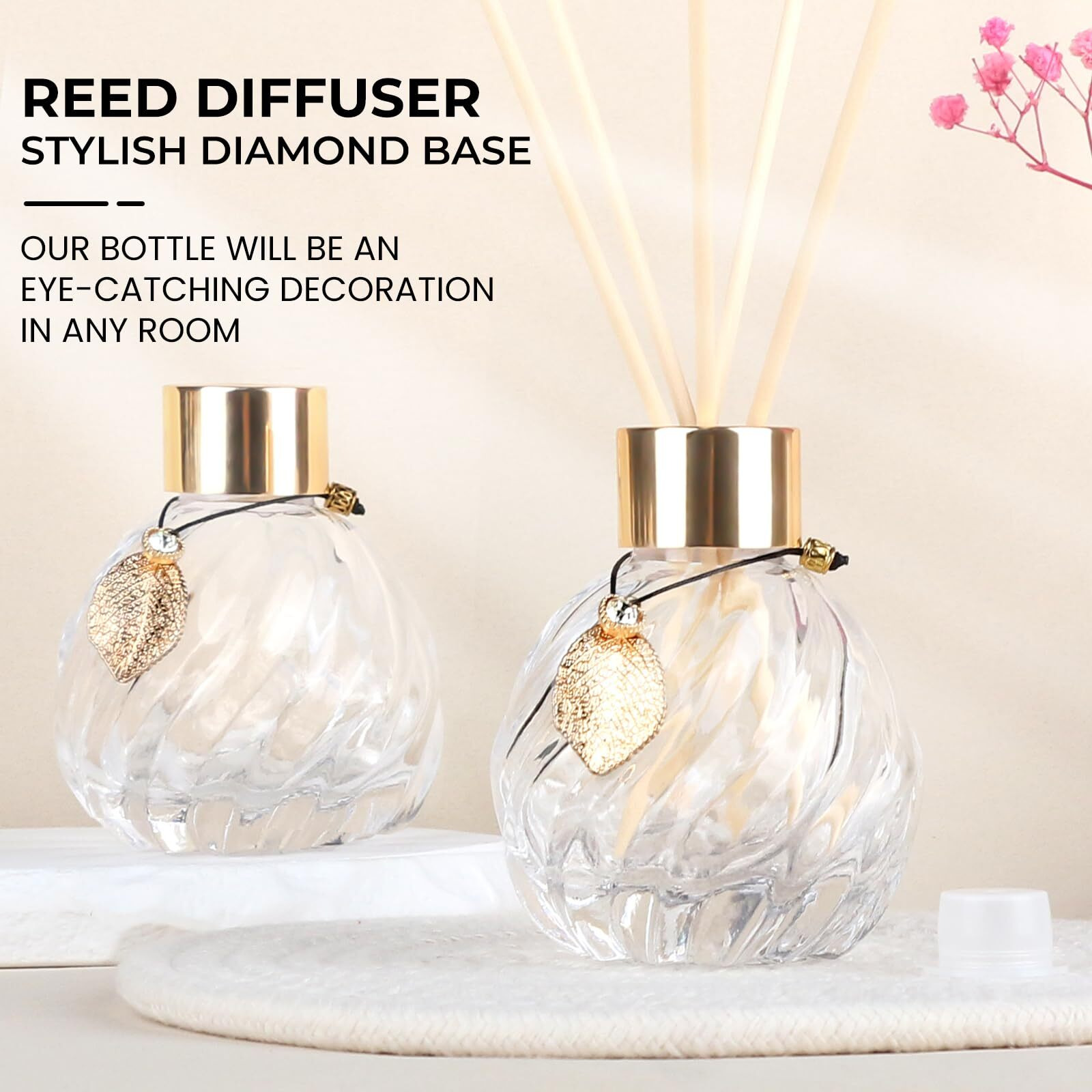 Trifolic 4Pcs Reed Diffuser Set With Metal Golden Decoration  3.5-4.2Oz Empty Reed Diffuser Bottles With 20Pcs Reed Diffuser Sticks  Unique Design Bottles For Home And Office(4 Pcs Different Bottles)