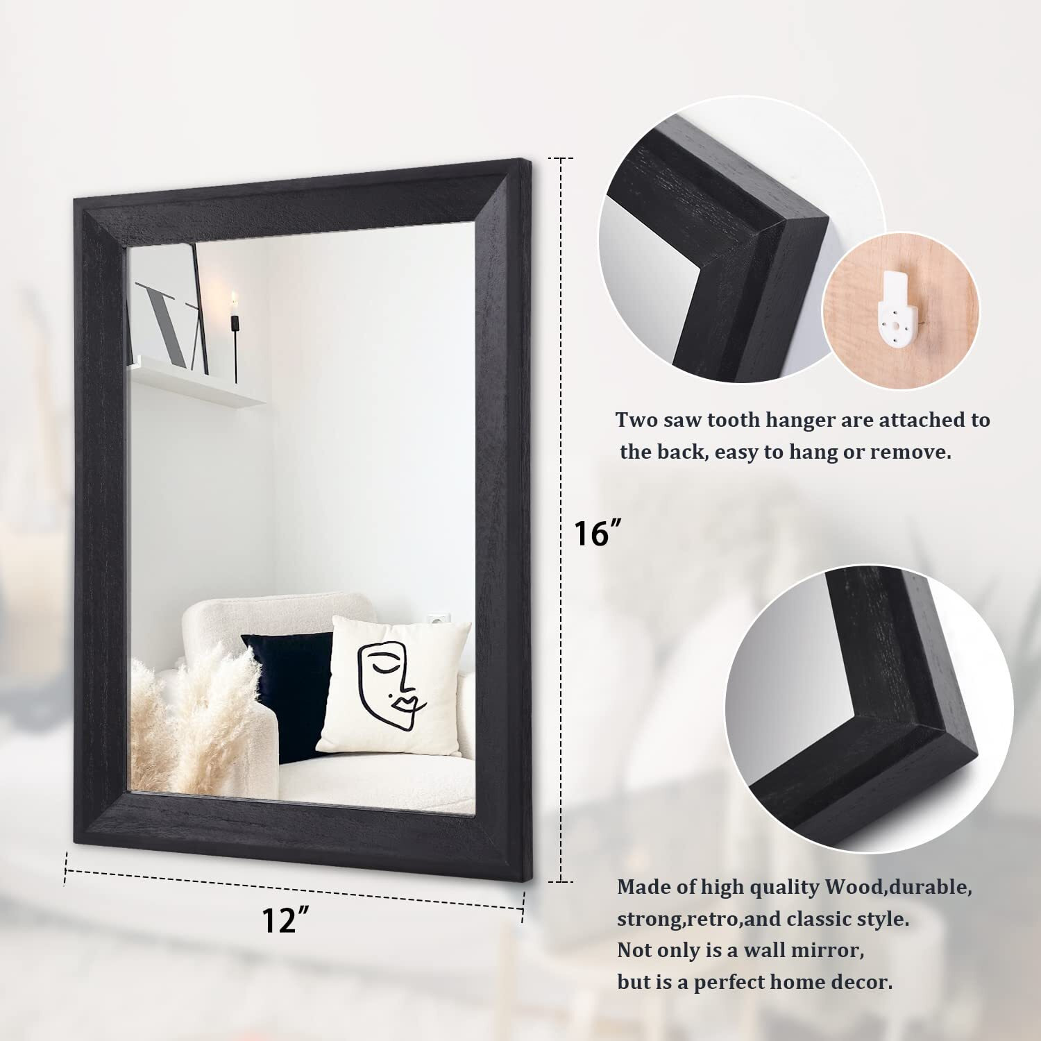 Aazzkang Wall Mirror Black Rectangle Mirrors For Wall With Wood Framed Decorative Hanging Mirror For Bedroom Bathroom Living Room Farmhouse