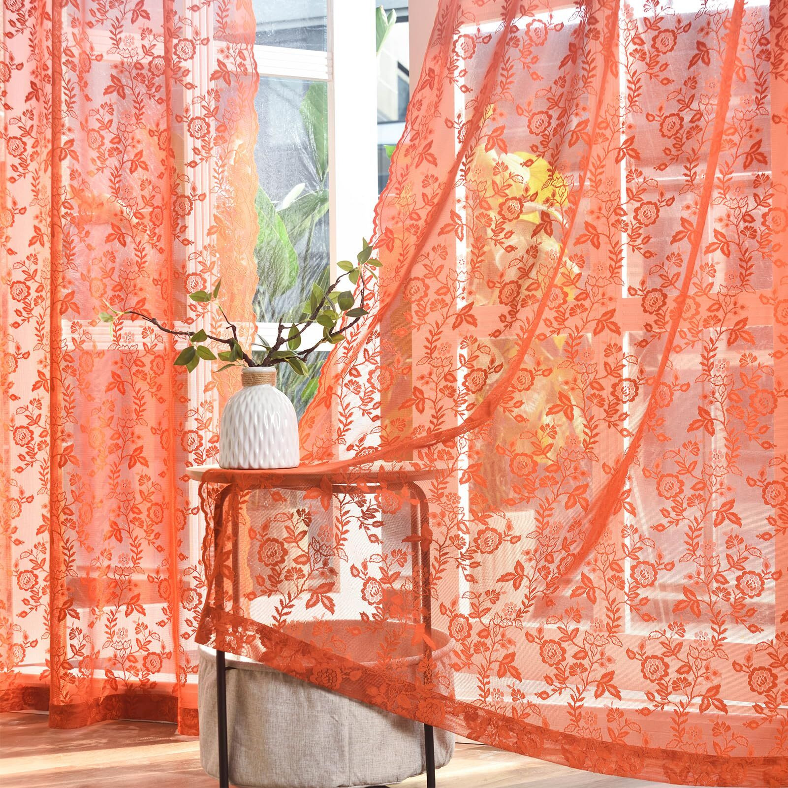 Burnt Orange Sheer Curtains 54 Inch Length 2 Panels Rustic Leaf Floral Pattern Vintage Rust Sheer Lace Curtains For Bedroom  Rod Pocket Privacy Autumn Fall Decor Window Curtain Drapes  42 X 54 Inch