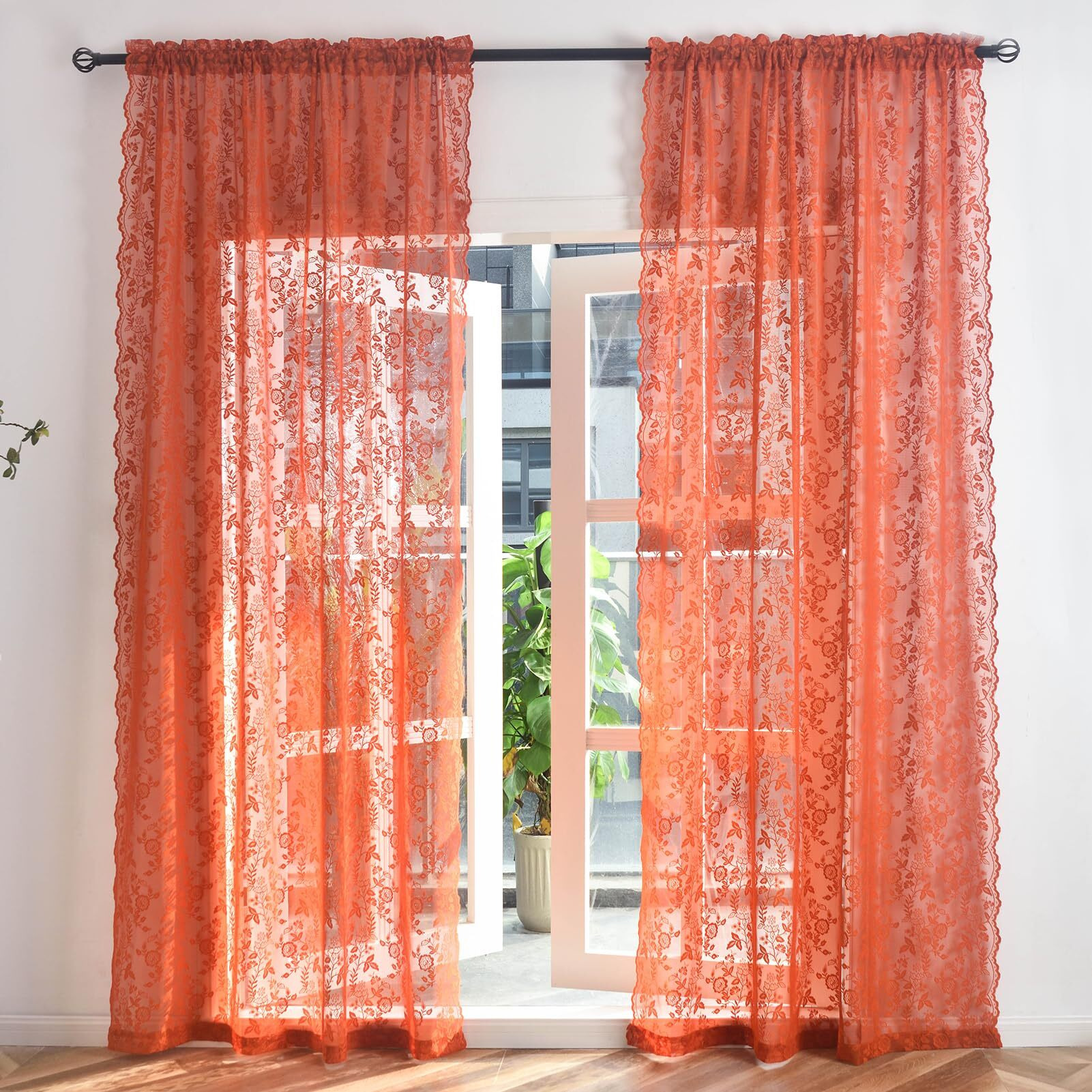 Burnt Orange Sheer Curtains 54 Inch Length 2 Panels Rustic Leaf Floral Pattern Vintage Rust Sheer Lace Curtains For Bedroom  Rod Pocket Privacy Autumn Fall Decor Window Curtain Drapes  42 X 54 Inch