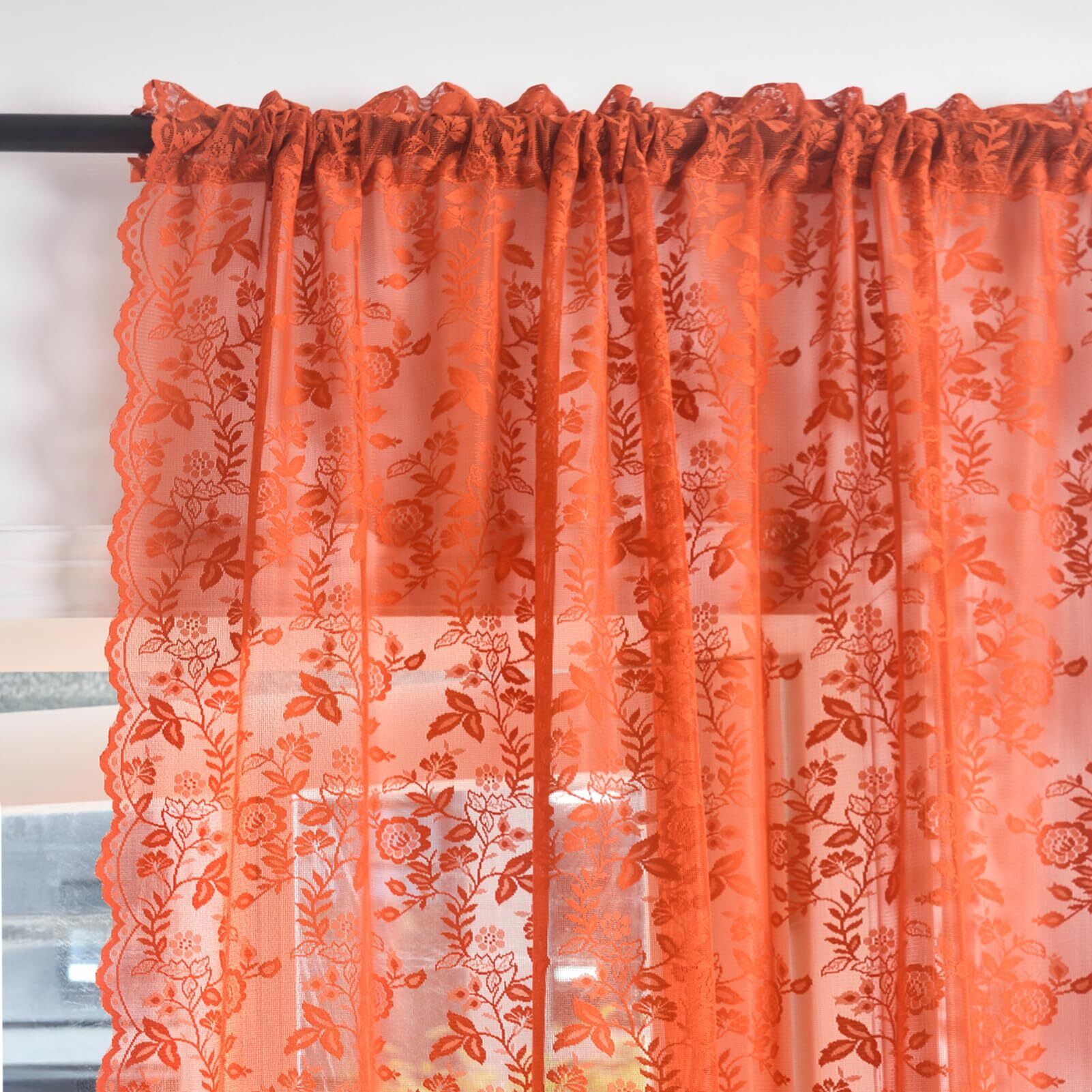 Burnt Orange Sheer Curtains 54 Inch Length 2 Panels Rustic Leaf Floral Pattern Vintage Rust Sheer Lace Curtains For Bedroom  Rod Pocket Privacy Autumn Fall Decor Window Curtain Drapes  42 X 54 Inch