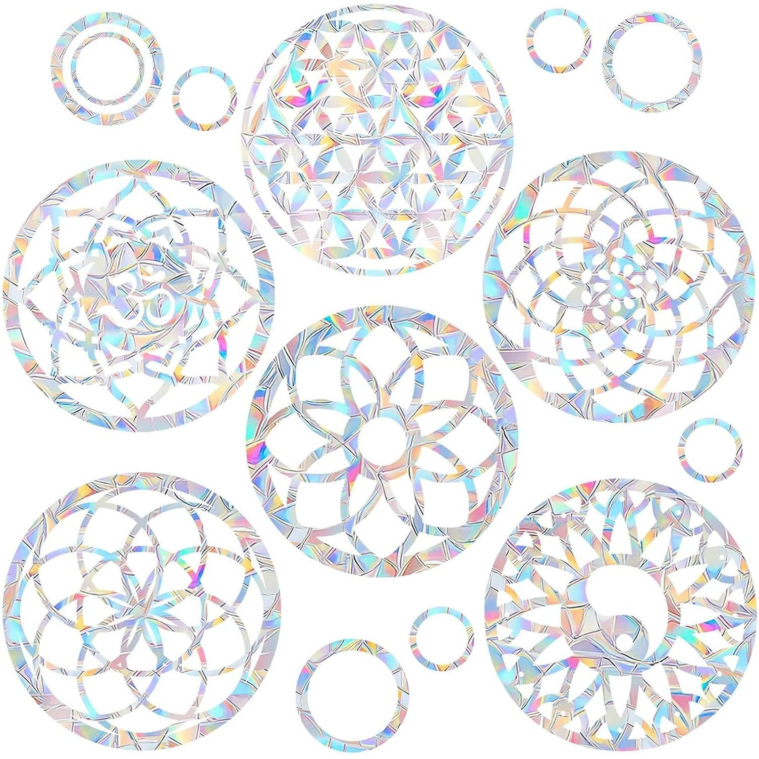Shawula 18Pcs Mandala Window Clings Anti-Collision Window Decals To Save Birds From Window Collisions Non Adhesive Prismatic Vinyl Window Clings Rainbow Stickers