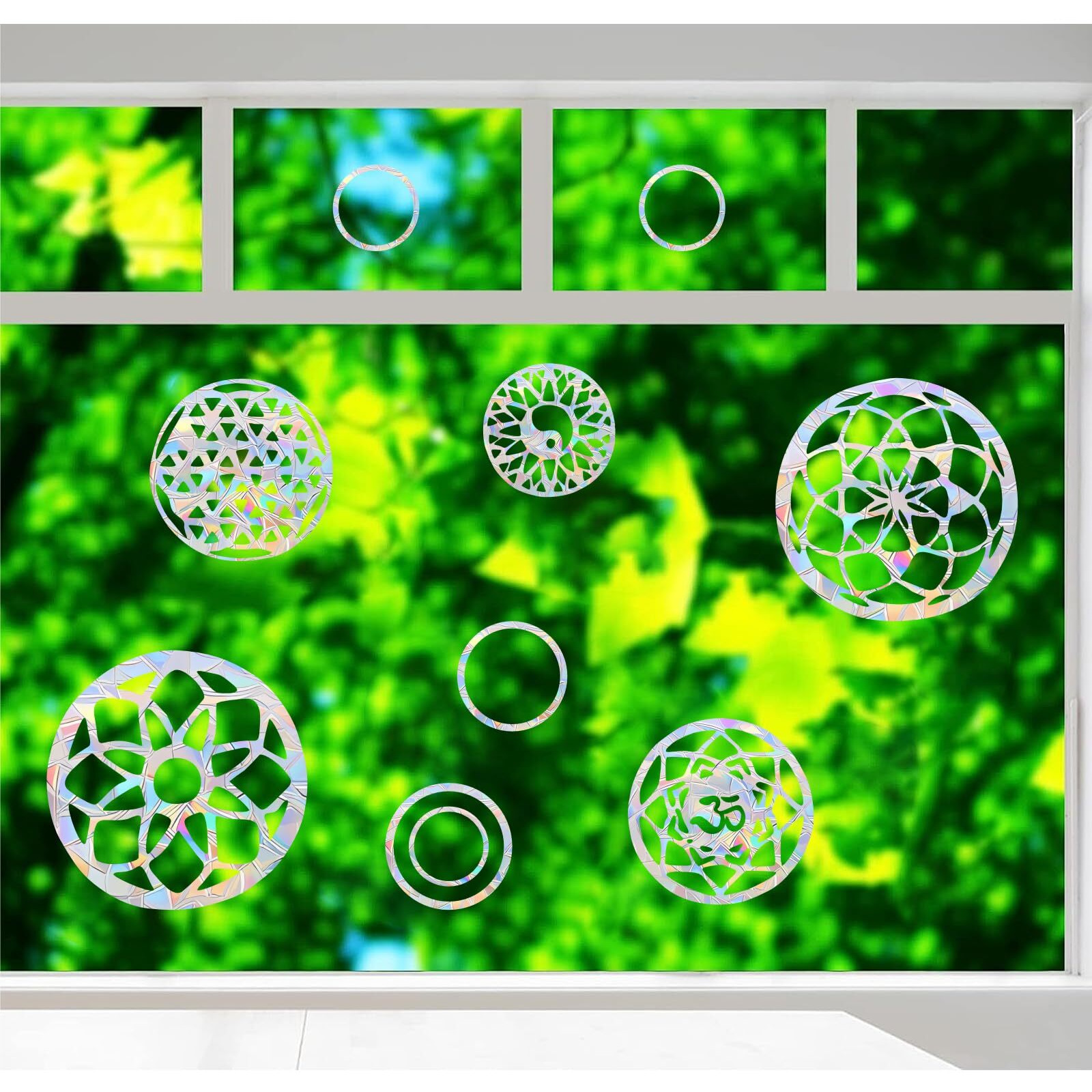 Shawula 18Pcs Mandala Window Clings Anti-Collision Window Decals To Save Birds From Window Collisions Non Adhesive Prismatic Vinyl Window Clings Rainbow Stickers