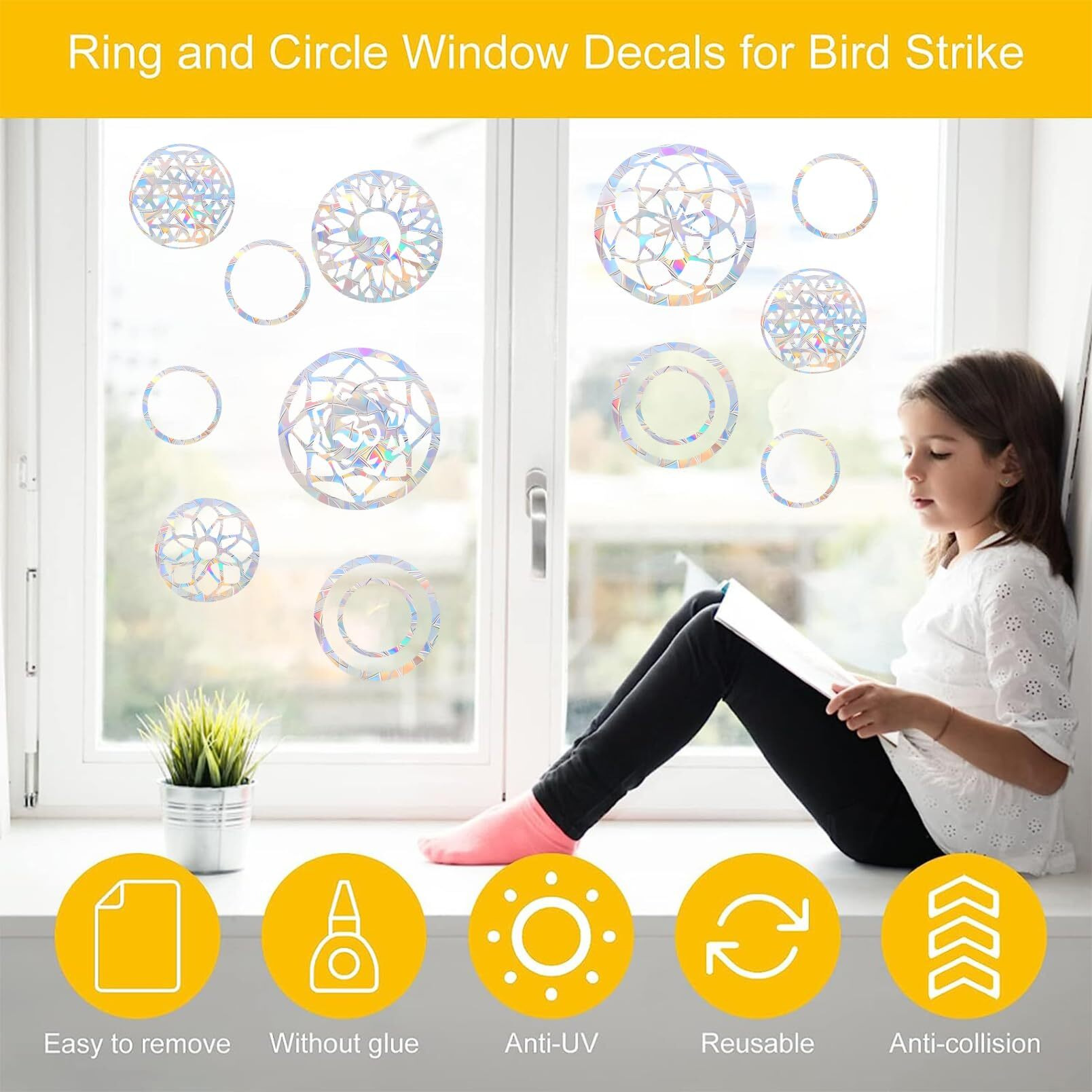 Shawula 18Pcs Mandala Window Clings Anti-Collision Window Decals To Save Birds From Window Collisions Non Adhesive Prismatic Vinyl Window Clings Rainbow Stickers