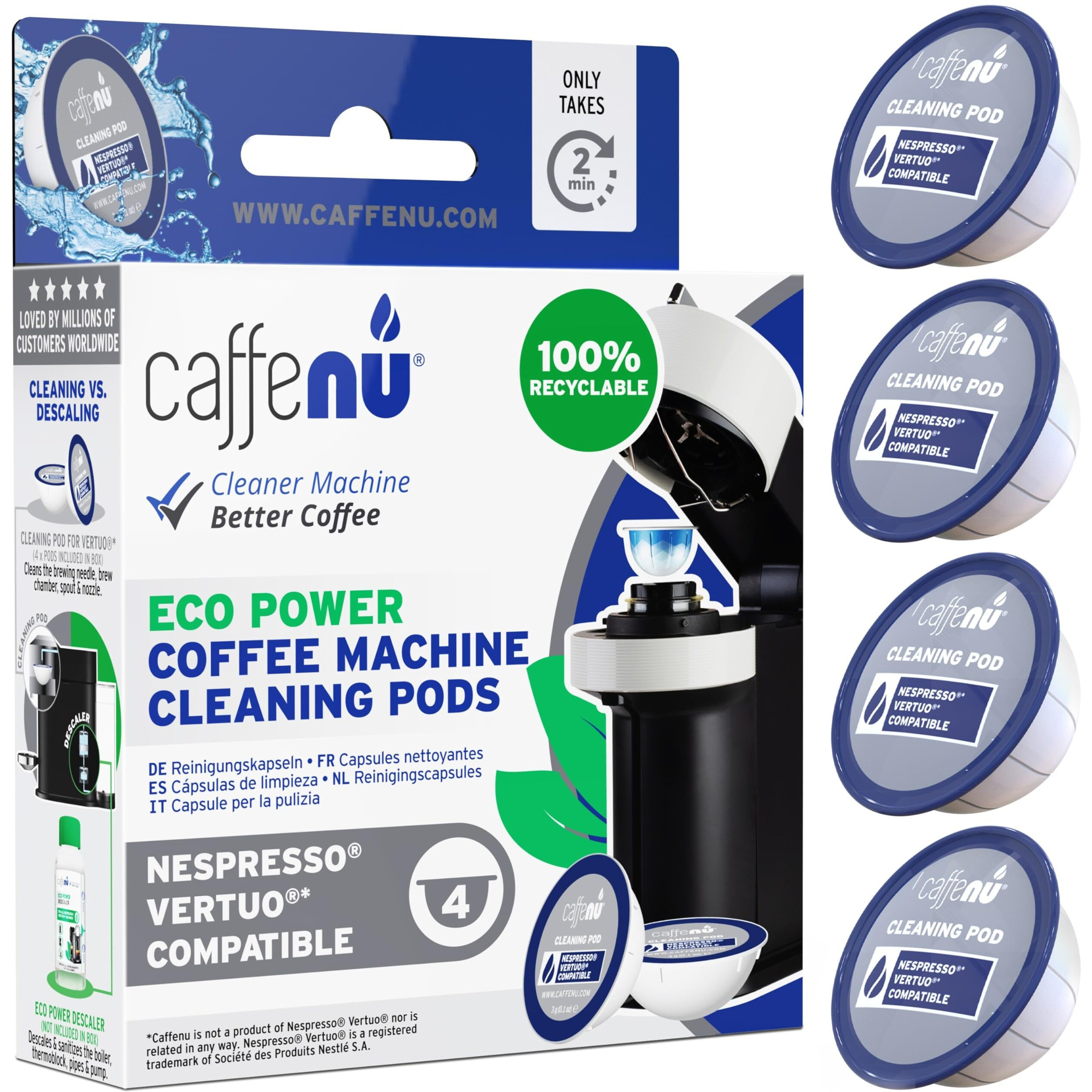 Nespresso Compatible Cleaning Pods. 4 Nespresso Vertuo Cleaner Capsules. Improved Coffee Flavor For Crisp Coffee. For Nespresso Vertuo  Use With Nespresso Descaling Kit.