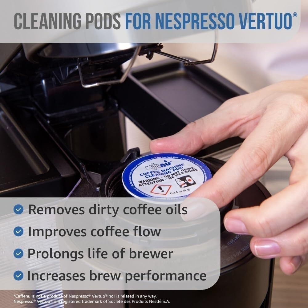 Nespresso Compatible Cleaning Pods. 4 Nespresso Vertuo Cleaner Capsules. Improved Coffee Flavor For Crisp Coffee. For Nespresso Vertuo  Use With Nespresso Descaling Kit.