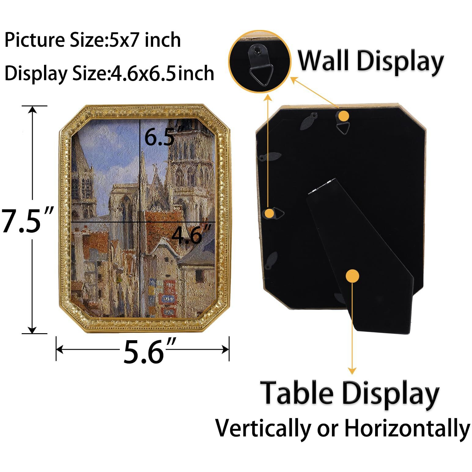 Sikoo Vintage 57 Gold Picture Frame Antique Ornate Photo Frame Tabletop And Wall Hanging With High Definition Glass Front For Home DCor Retro Photo Gallery  Old-Fashioned Art