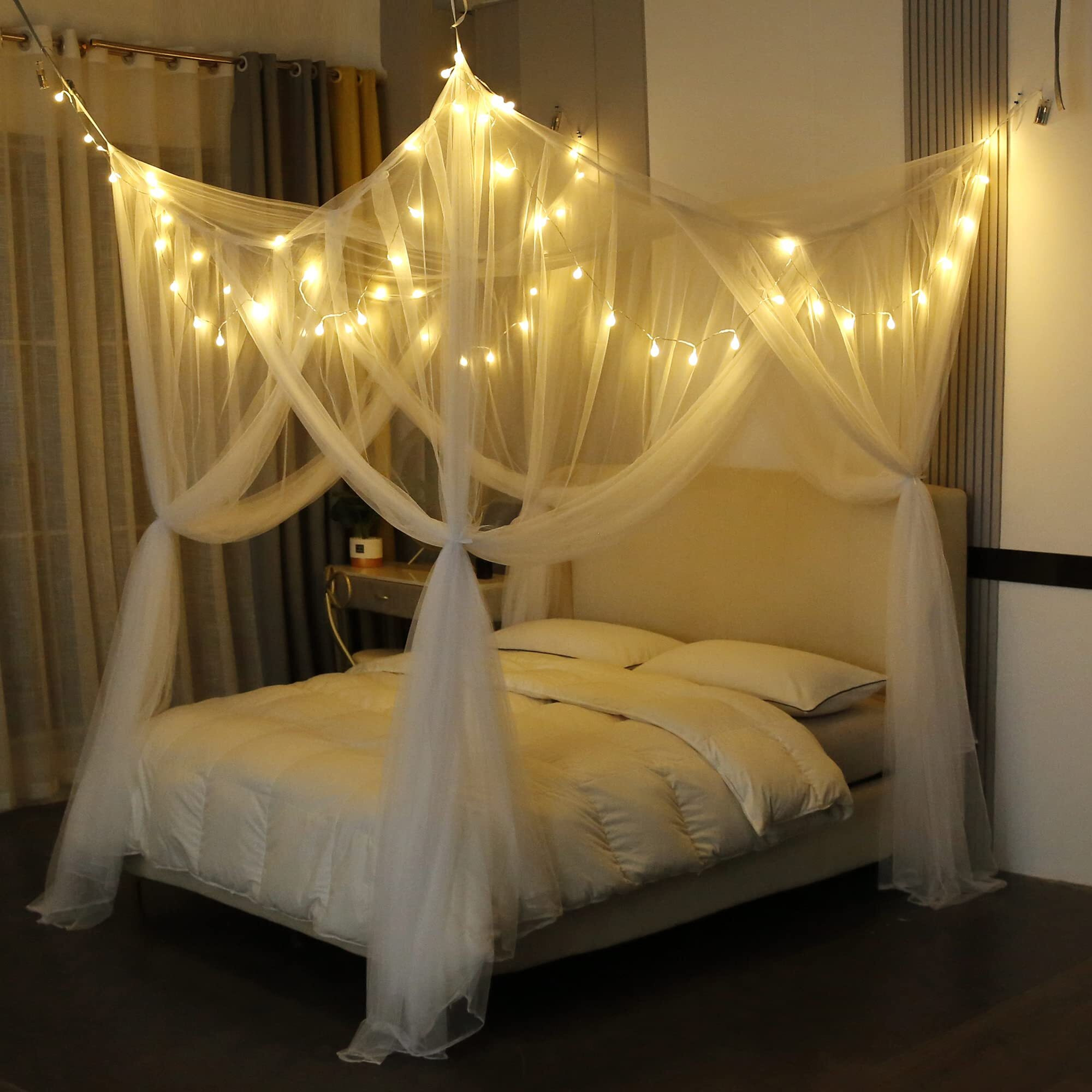 Mengersi Bed Canopy With Lights For Full Queen King Size Bed 4 Corner Post Bed Drapes Canopy For Bed Canopy Bed Curtains Elegant Bedroom Decoration Accessories(White+Lights)