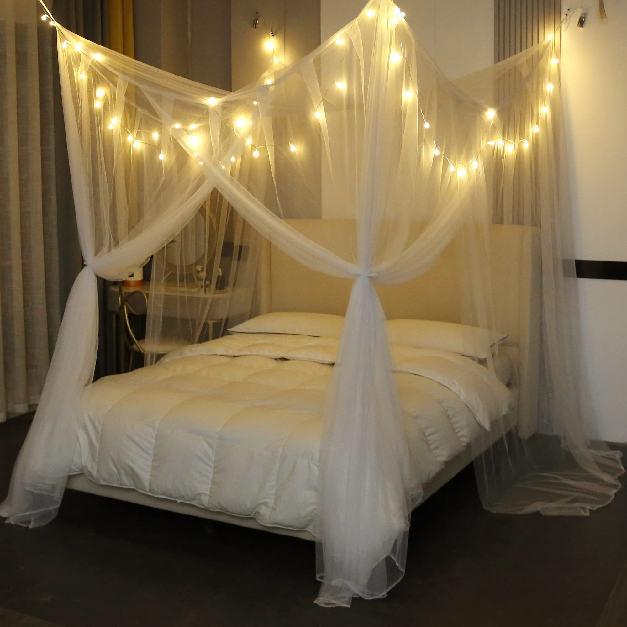 Mengersi Bed Canopy With Lights For Full Queen King Size Bed 4 Corner Post Bed Drapes Canopy For Bed Canopy Bed Curtains Elegant Bedroom Decoration Accessories(White+Lights)