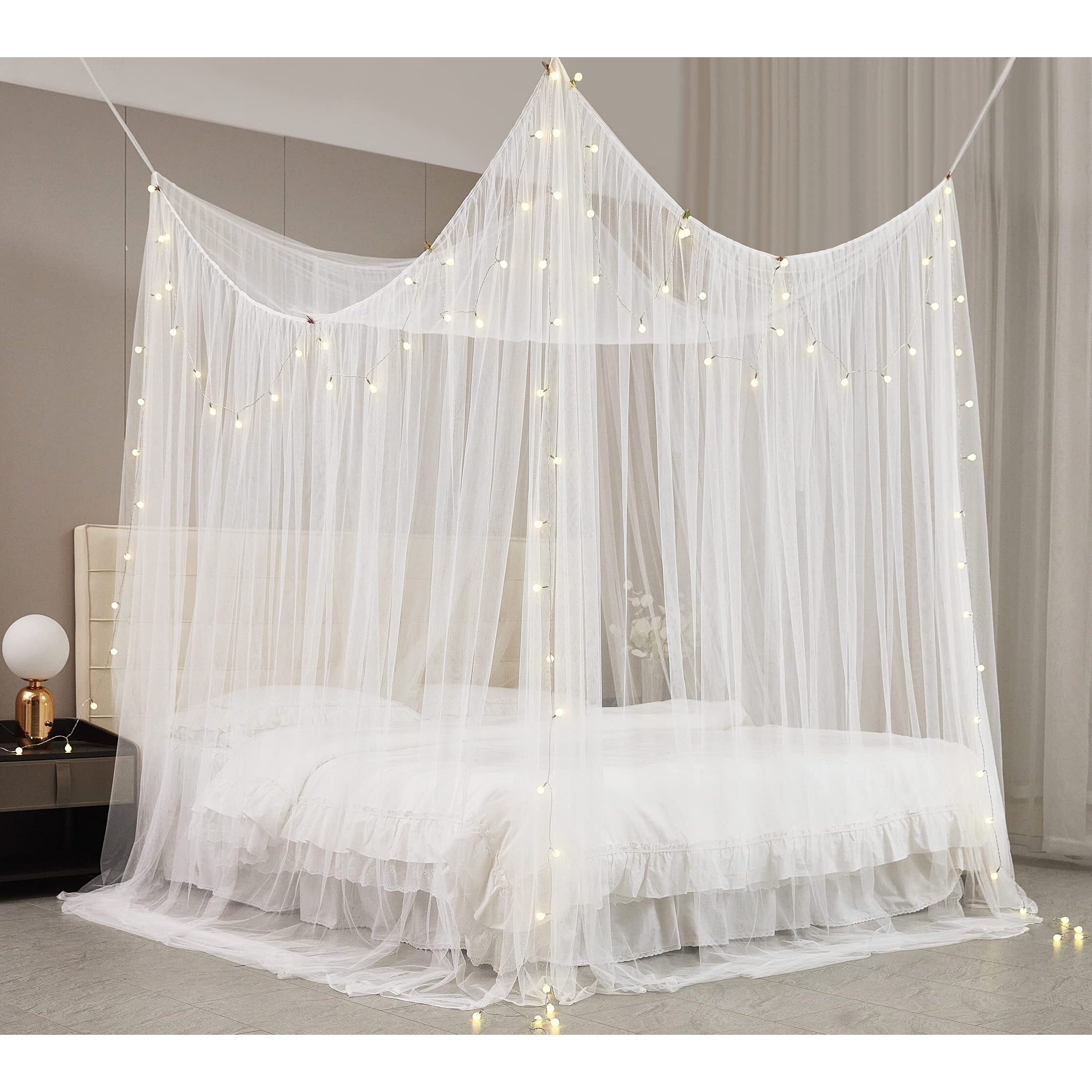 Mengersi Bed Canopy With Lights For Full Queen King Size Bed 4 Corner Post Bed Drapes Canopy For Bed Canopy Bed Curtains Elegant Bedroom Decoration Accessories(White+Lights)