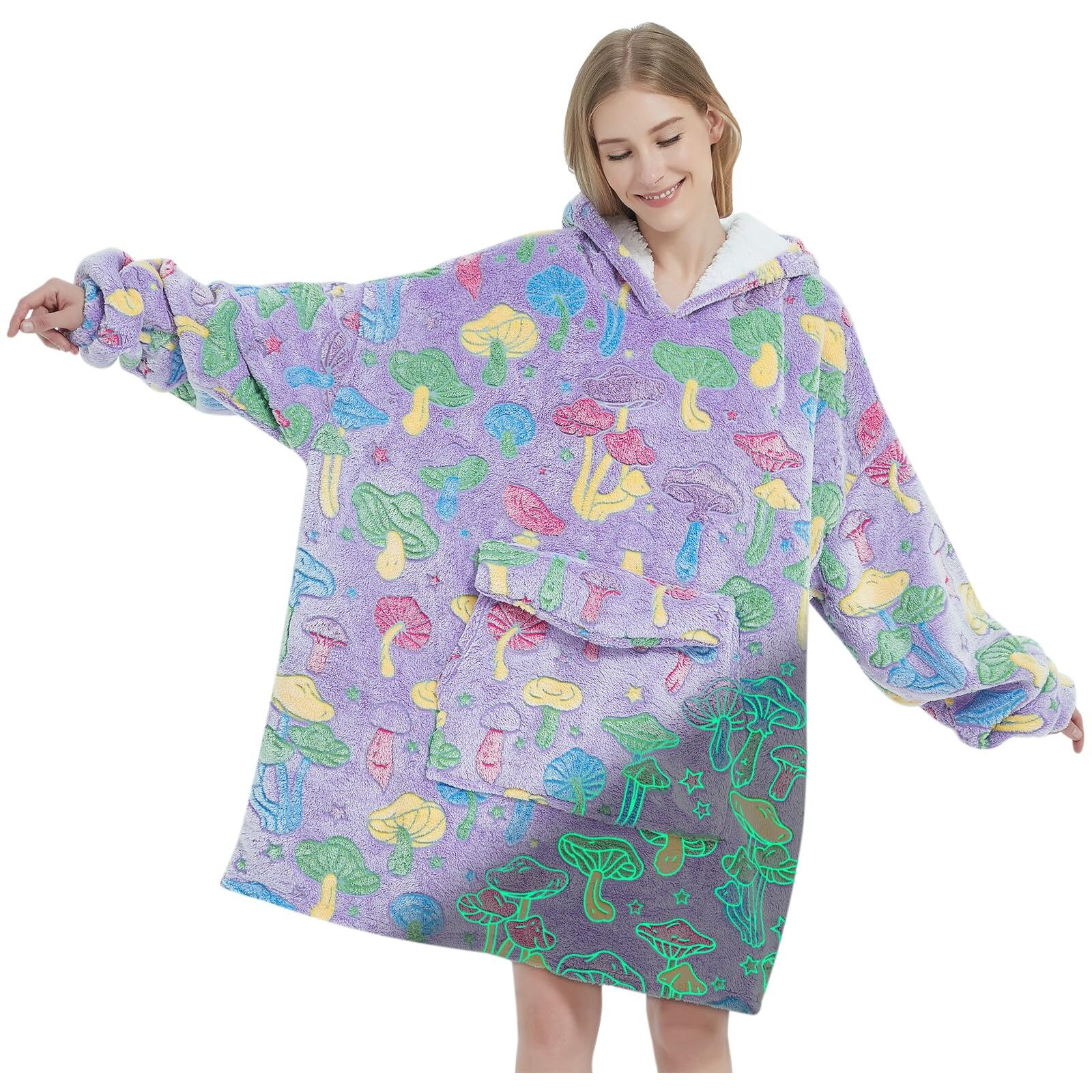 Glow In The Dark Mushroom Wearable Blanket Hoodie For Adult Oversized Sherpa Fleece Blanket Hoodie For Women Men Wearable Blanket Hoodie Birthday Gifts Mushroom