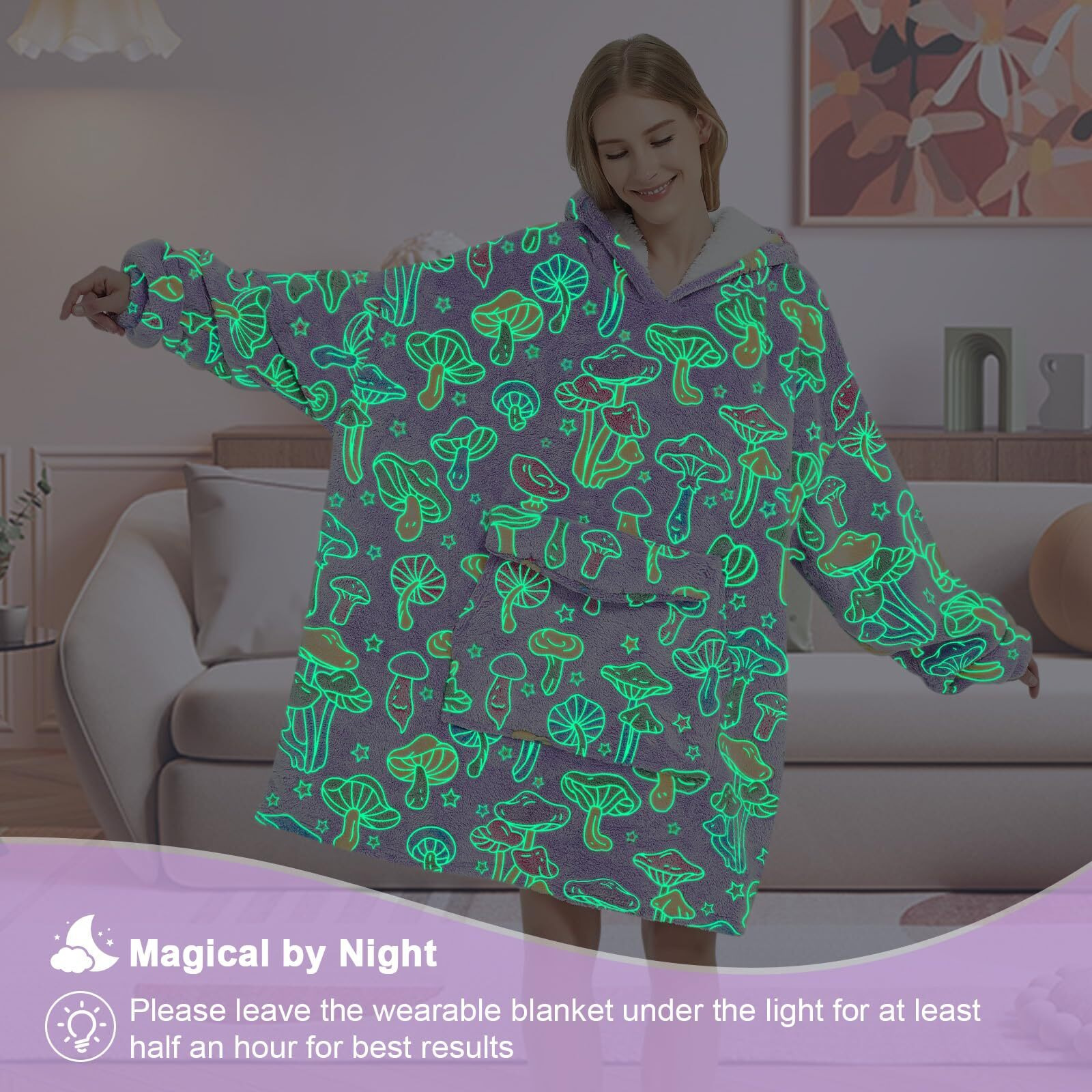 Glow In The Dark Mushroom Wearable Blanket Hoodie For Adult Oversized Sherpa Fleece Blanket Hoodie For Women Men Wearable Blanket Hoodie Birthday Gifts Mushroom