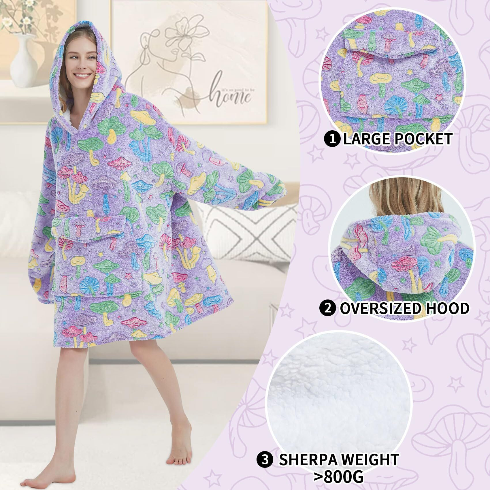 Glow In The Dark Mushroom Wearable Blanket Hoodie For Adult Oversized Sherpa Fleece Blanket Hoodie For Women Men Wearable Blanket Hoodie Birthday Gifts Mushroom