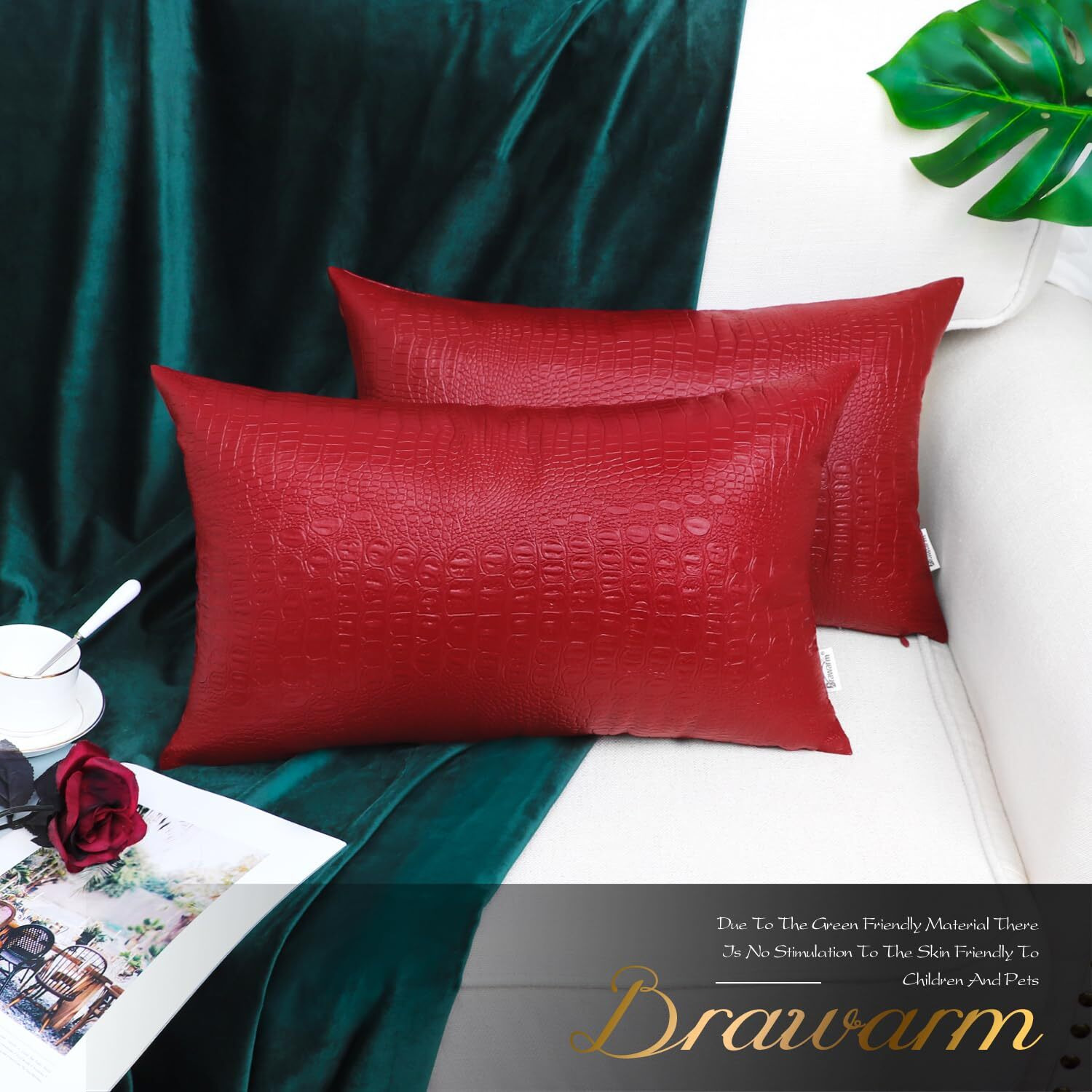 Brawarm Faux Leather Pillow Covers 12 X 20 Inches  Christmas Red Leather Pillow Covers Pack Of 2  Crocodile Leather Decorative Lumbar Throw Pillows For Living Room Couch Bed Sofa Home