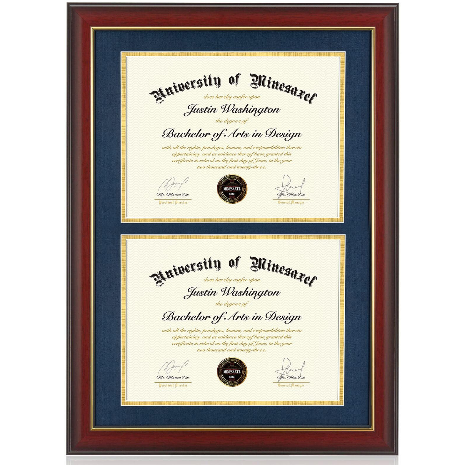 Minesaxel Double Diploma Frames 14X20 Fits Two 8.5X11 Inch Certificates  Documents And College Degree  Cherry Red Frame With Golden Trim For 8 1/2 X 11 With Blue Gold Double Mat  Wall Mounting