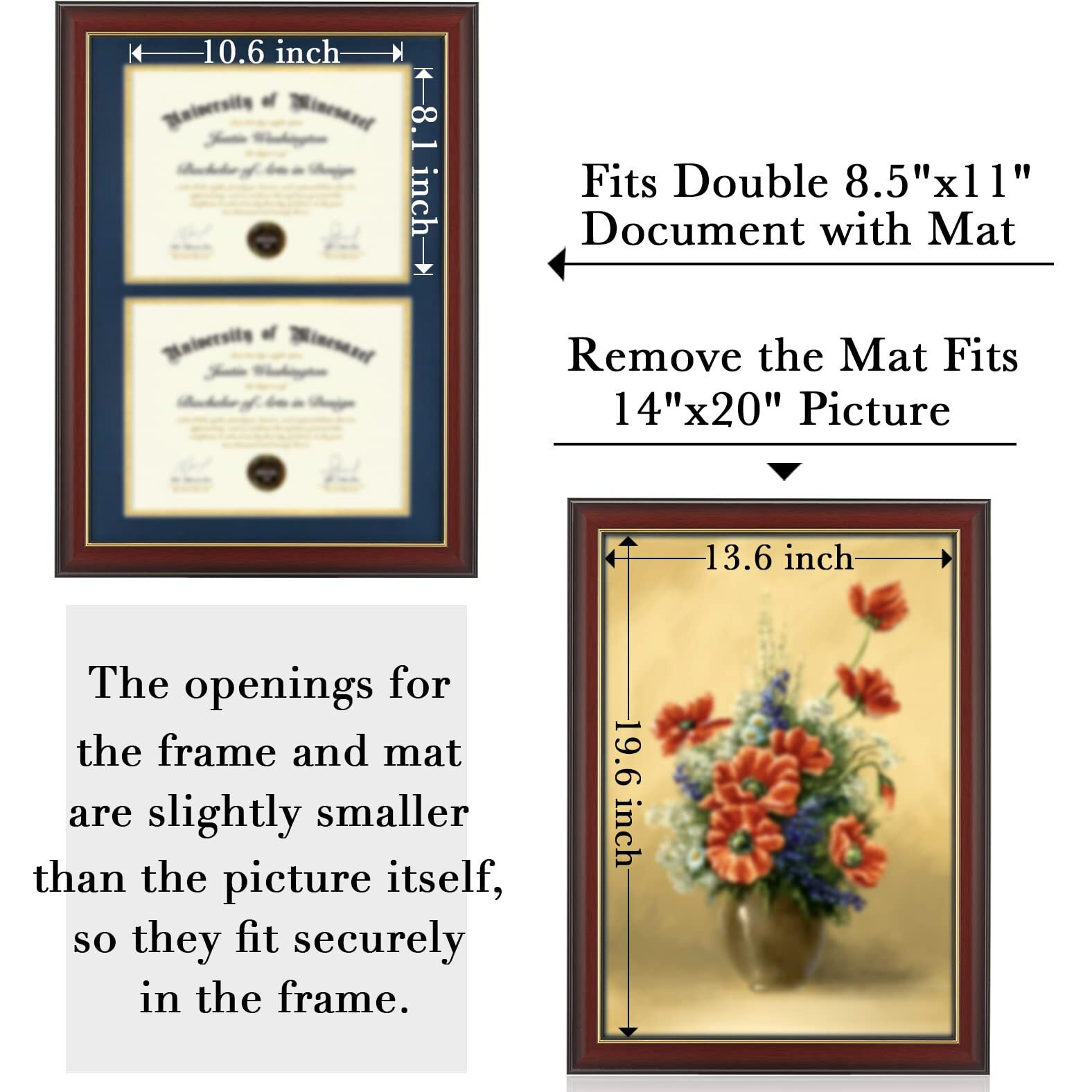 Minesaxel Double Diploma Frames 14X20 Fits Two 8.5X11 Inch Certificates  Documents And College Degree  Cherry Red Frame With Golden Trim For 8 1/2 X 11 With Blue Gold Double Mat  Wall Mounting