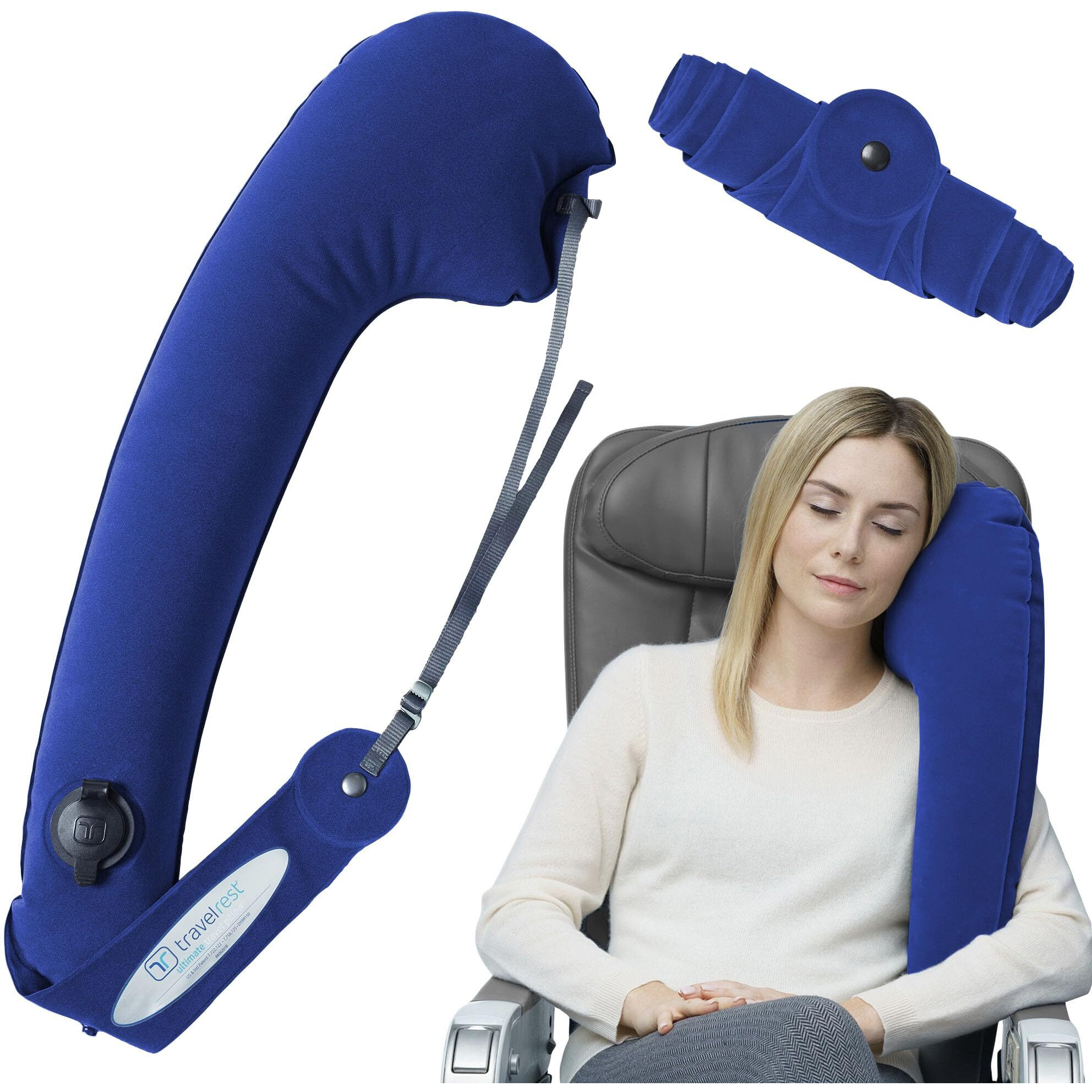 Travelrest Ultimate Travel  Neck & Body Pillow - Strap To Plane & Car Seat - Compact  Comfort And Convenient For Office Napping  Airplane  Bus & Train - Upright Sleeping - Rolls Up Small - Blue