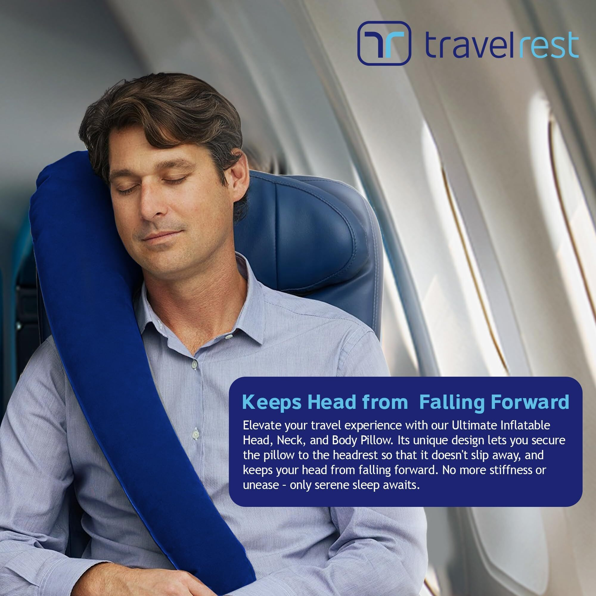 Travelrest Ultimate Travel  Neck & Body Pillow - Strap To Plane & Car Seat - Compact  Comfort And Convenient For Office Napping  Airplane  Bus & Train - Upright Sleeping - Rolls Up Small - Blue