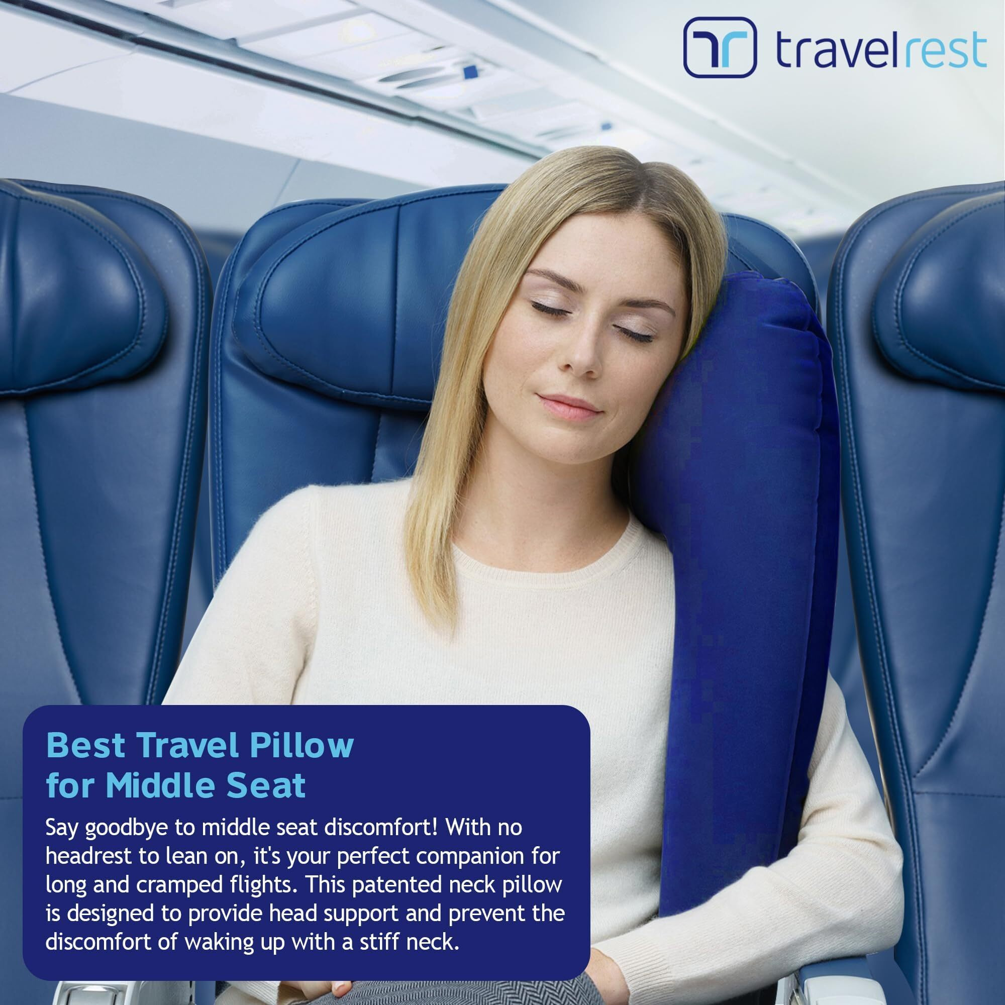 Travelrest Ultimate Travel  Neck & Body Pillow - Strap To Plane & Car Seat - Compact  Comfort And Convenient For Office Napping  Airplane  Bus & Train - Upright Sleeping - Rolls Up Small - Blue