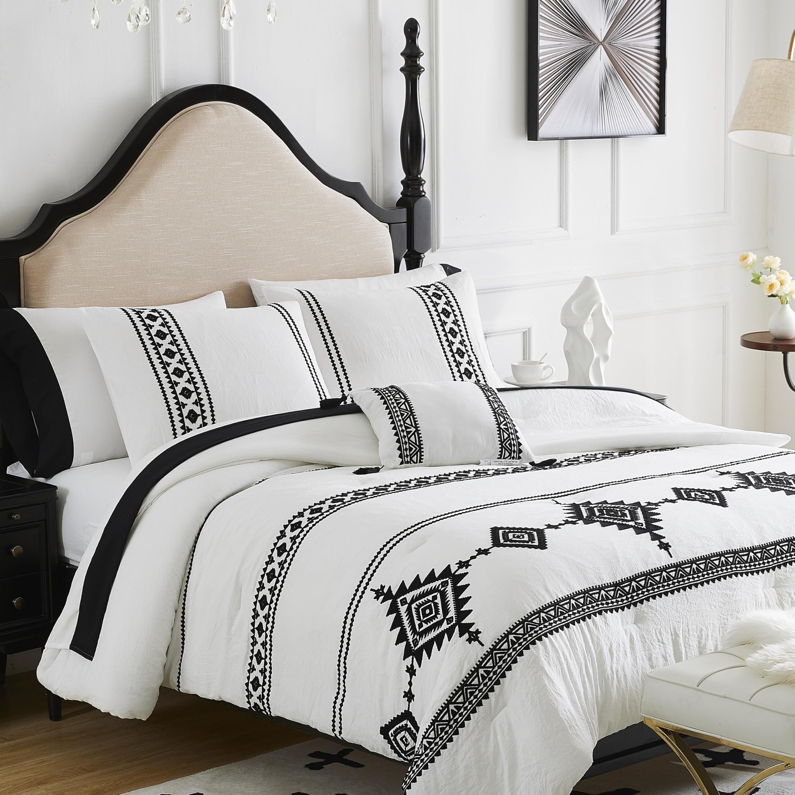 Maireve White King Bedding Set Boho 7 Piece  King Size Comforter Set 7 Pieces With Comforters  Sheets In Embroidery King Comforter Set Boho  King Size Bed In A Bag(King 102"&quotX90"")