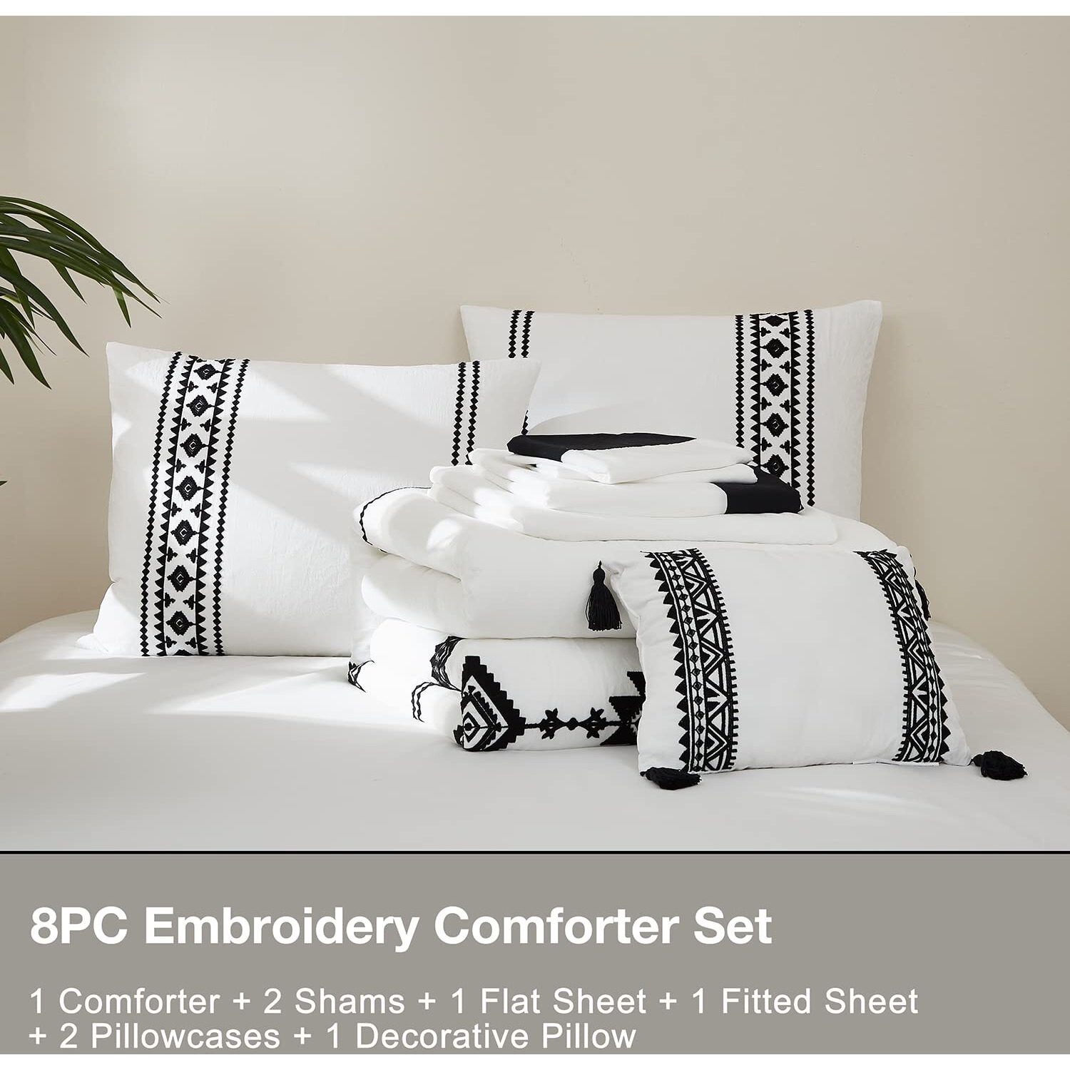 Maireve White King Bedding Set Boho 7 Piece  King Size Comforter Set 7 Pieces With Comforters  Sheets In Embroidery King Comforter Set Boho  King Size Bed In A Bag(King 102"&quotX90"")