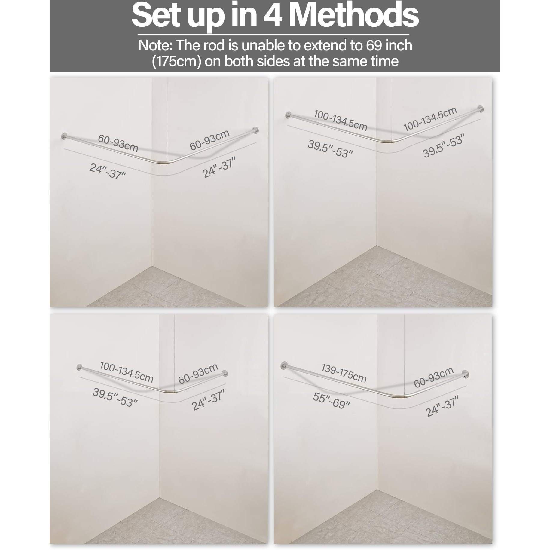 Crkmire Corner Shower Curtain Rod  Silver Gray [24""-53""] X [24""-53""] Adjustable L Shaped Shower Rod No-Sagging 90 Degree Curved Curtain Rod For Bathroom Bathtub With 12 Ring Hooks & Ceiling Support