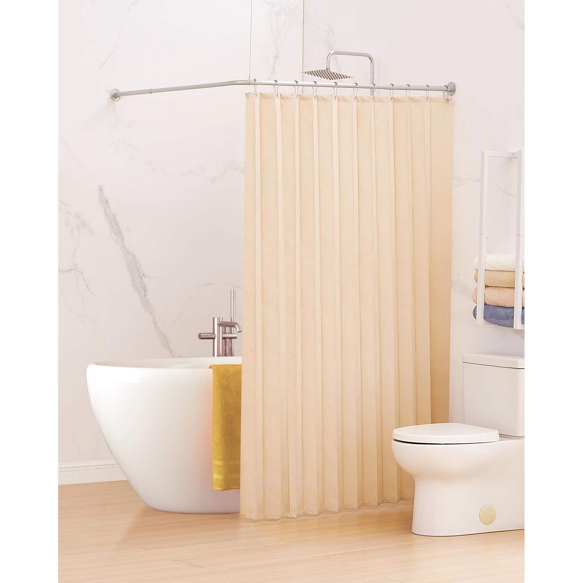 Crkmire Corner Shower Curtain Rod  Silver Gray [24""-53""] X [24""-53""] Adjustable L Shaped Shower Rod No-Sagging 90 Degree Curved Curtain Rod For Bathroom Bathtub With 12 Ring Hooks & Ceiling Support