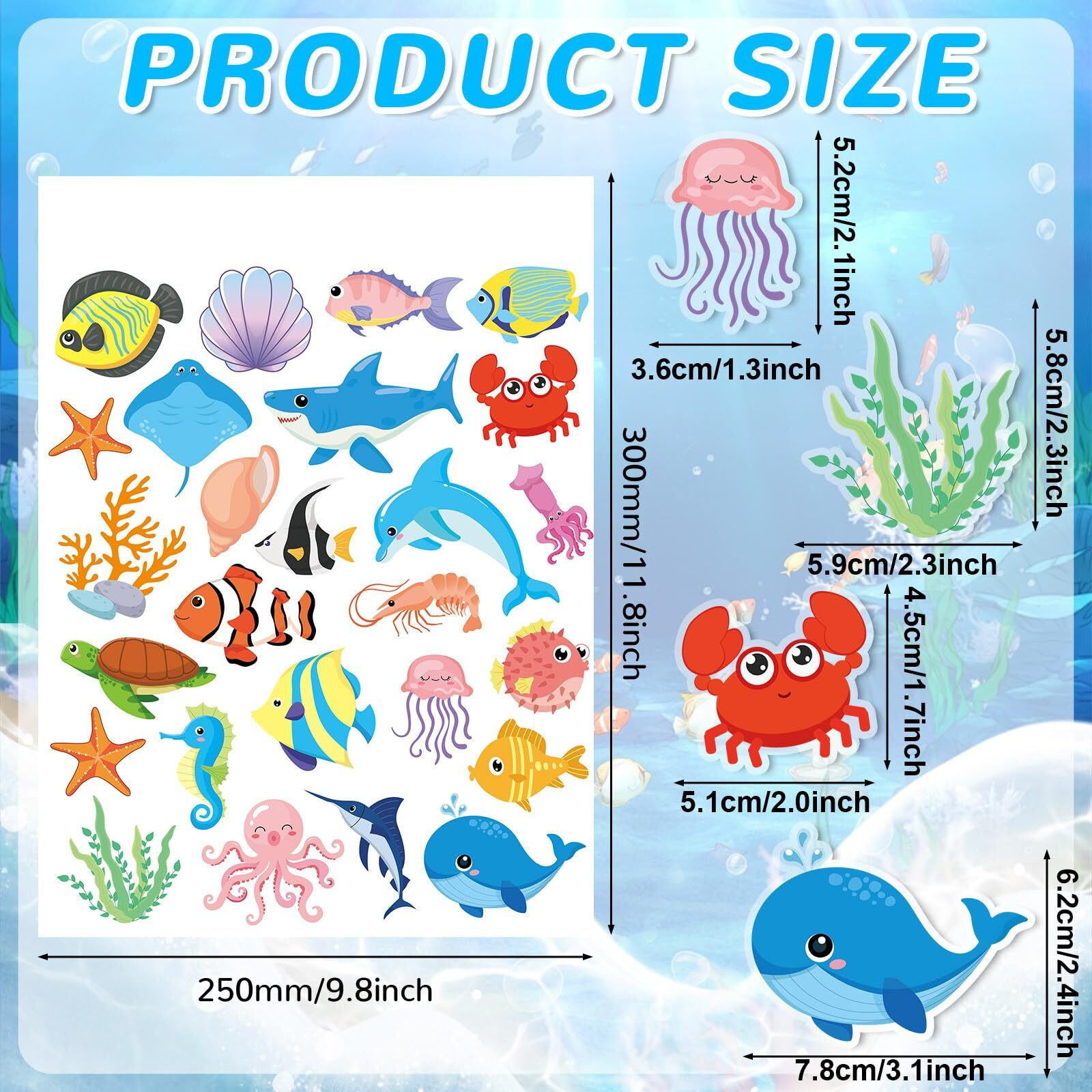 Marforever 50 Pcs Sea Animal Window Clings For Kids  Ocean Theme Window Thick Gel Clings Stickers Underwater Fish Shark Turtles Window Decals For Classroom Nursery Airplane Car Plane Decorations