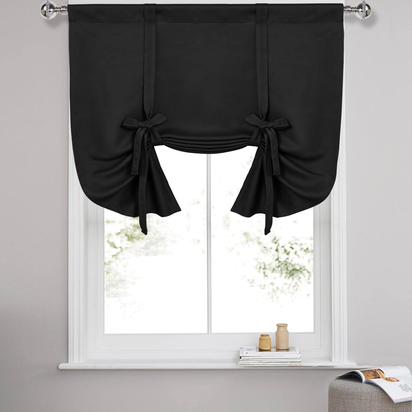 Dwcn Tie Up Curtain-Thermal Insulated Room Darkening Blackout Curtains For Livingroom  Bedroom And Dining Room  Black  W42 X L45 Inches  1 Rod Pocket Panel