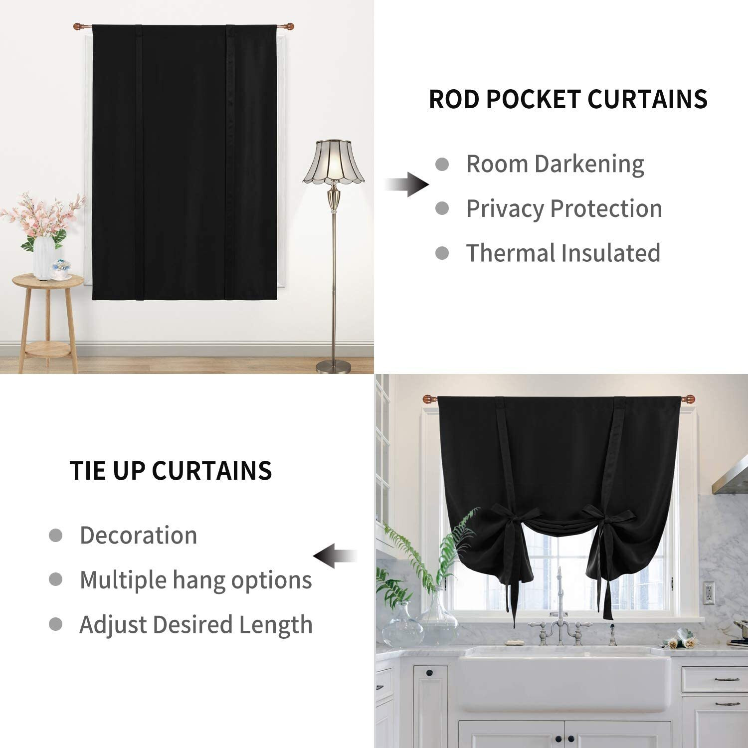 Dwcn Tie Up Curtain-Thermal Insulated Room Darkening Blackout Curtains For Livingroom  Bedroom And Dining Room  Black  W42 X L45 Inches  1 Rod Pocket Panel