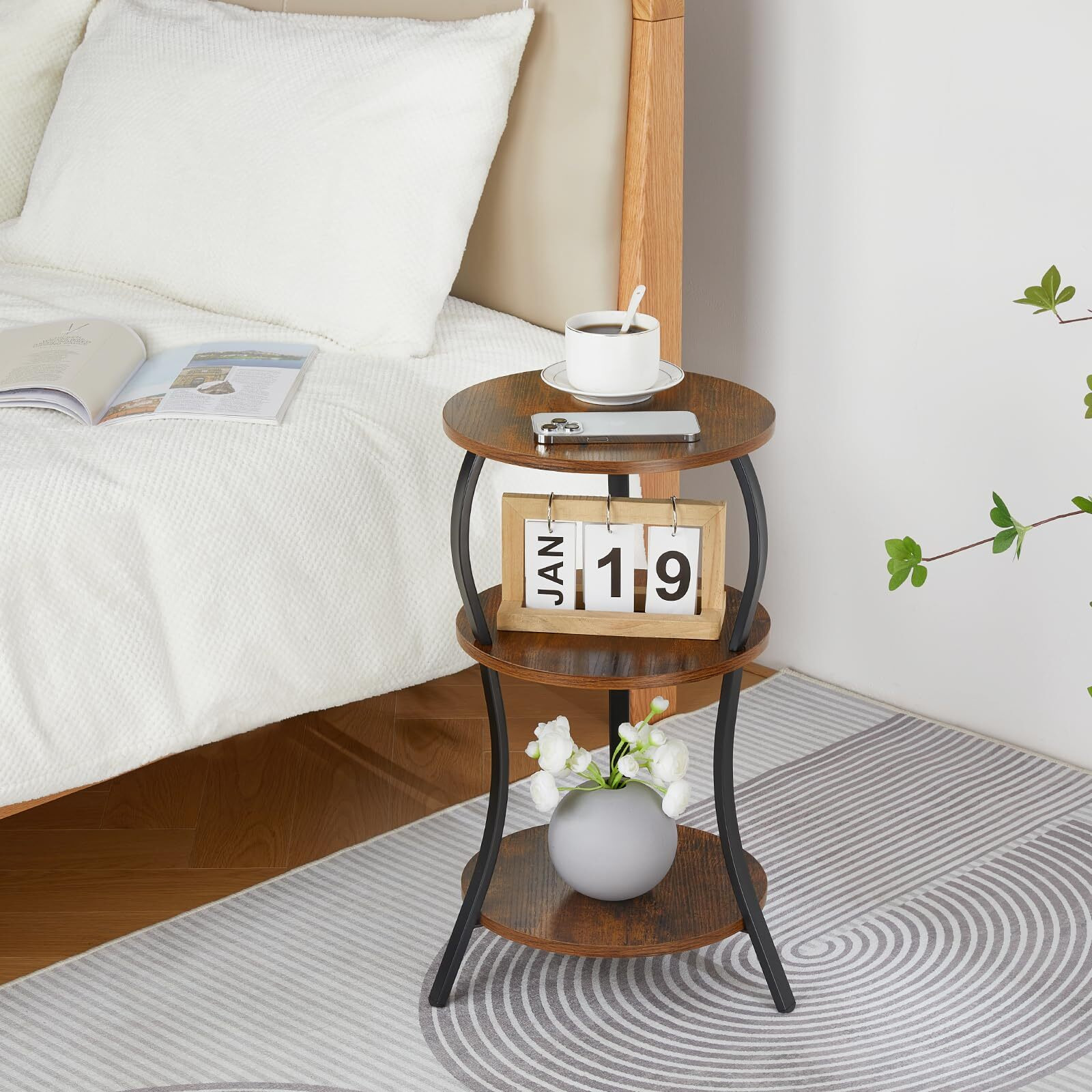 Vintage Small Round Side Table  3-Tier Slim Waist Circular End Table With Storage Shelf  Compact Tea Sofa Table  Round Corner Coffee Table Nightstand For Living Room Bedroom Small Spaces Rustic Brown