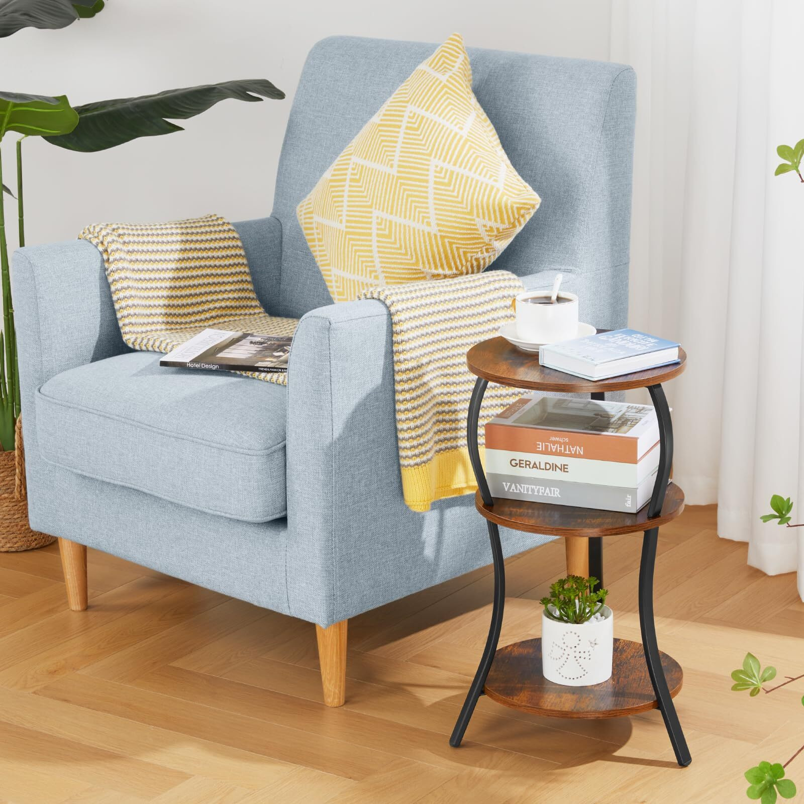 Vintage Small Round Side Table  3-Tier Slim Waist Circular End Table With Storage Shelf  Compact Tea Sofa Table  Round Corner Coffee Table Nightstand For Living Room Bedroom Small Spaces Rustic Brown