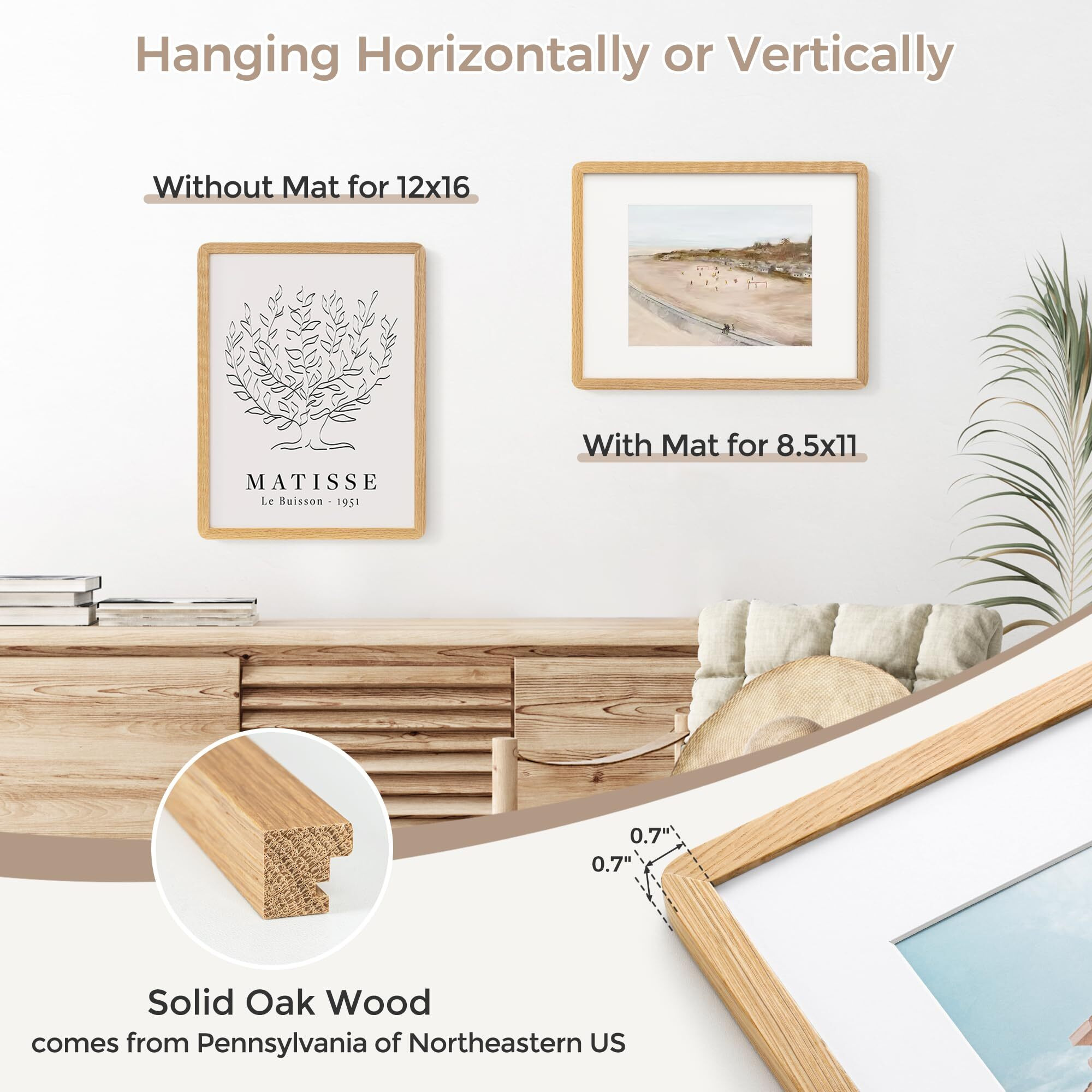 Flyjoe 12X16 Picture Frame | Solid Oak Wood 12X16 Poster Frame | 12X16 Photo Frame With Mat For 8.5X11 | Tempered Glass And Hanging Hardware Included | 16 By 12 Frame Wood (Natural Oak  1 Pack)