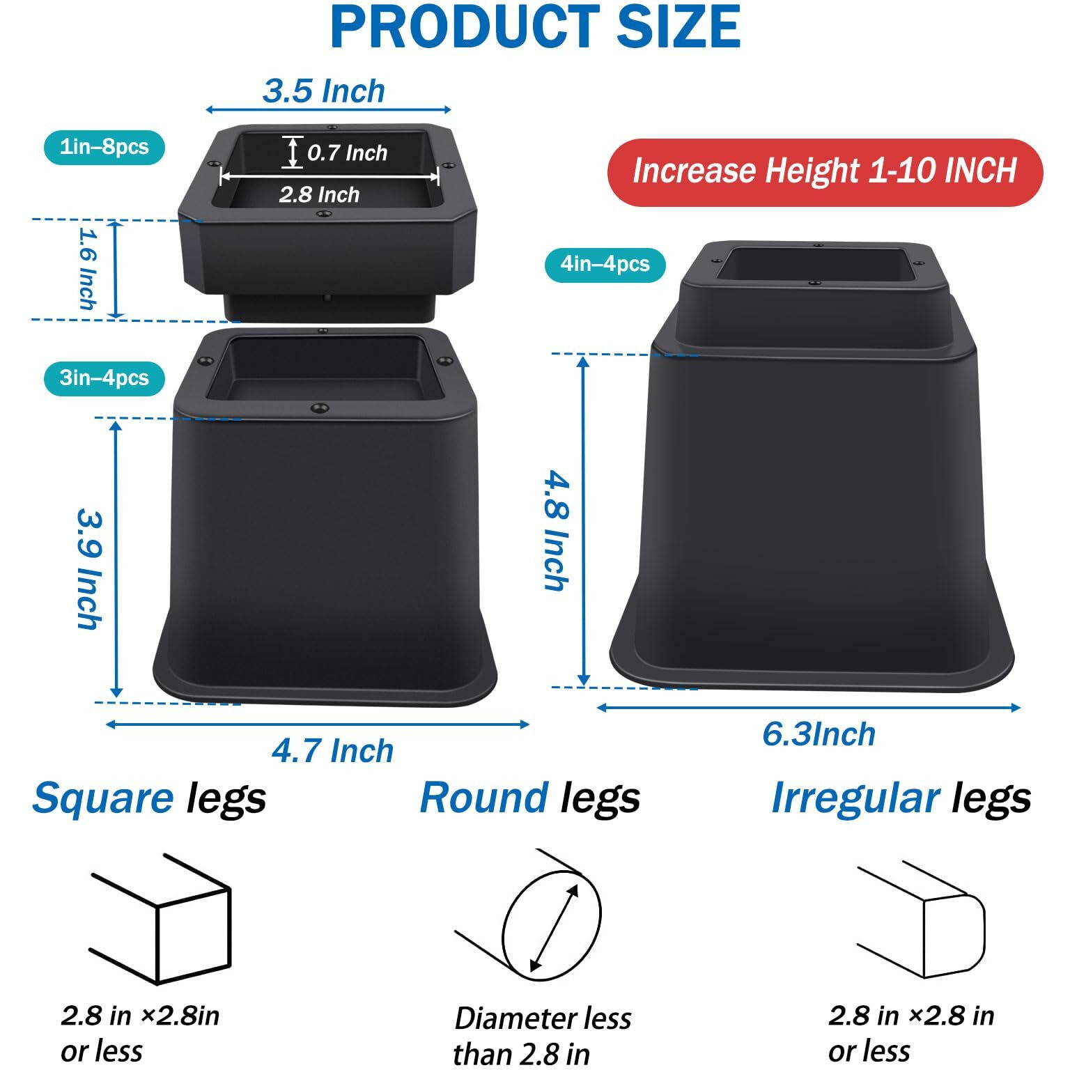 Annkut Bed Risers 10 Inch Heavy Duty Elevation In Heights 1 2 3 4 5 6 7 8 9 10 Inch Adjustable Furniture Risers For Chair Table And Desk Legs Lifting (4 Pack Black)