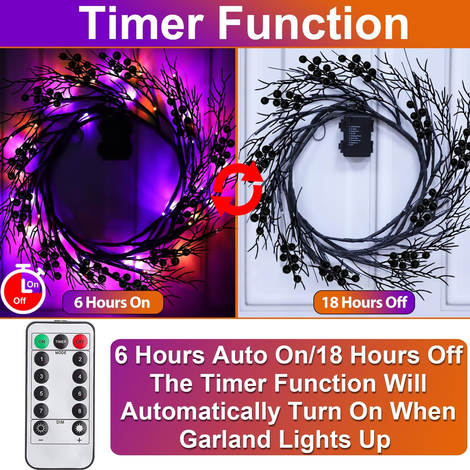 Halloween Garland Purple & Orange Lights Halloween Decorations 6 Ft 54 Led Halloween Willow Vine Twig Timer 8 Modes Remote Control Battery Operated Artificial Garland For Wall Outdoor Indoor Fireplace