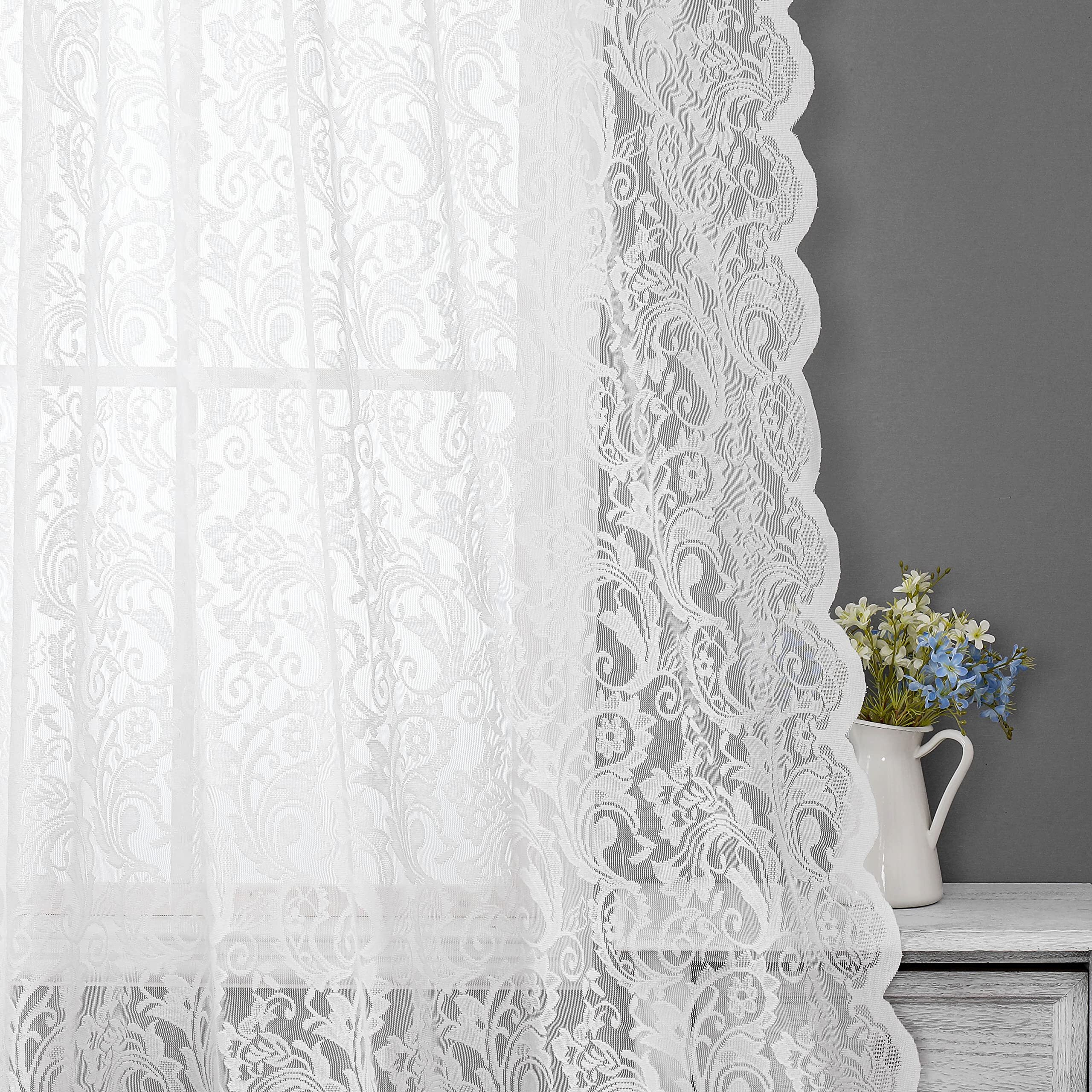 Bujasso White Sheer Lace Curtains 63 Inch Vintage Floral Sheer Window Curtain Panels For Living Room Bedroom Elegant Light Filtering White Drapes Window Treatment Sets Grommet Top 2 Panels 54"" Wx63 L