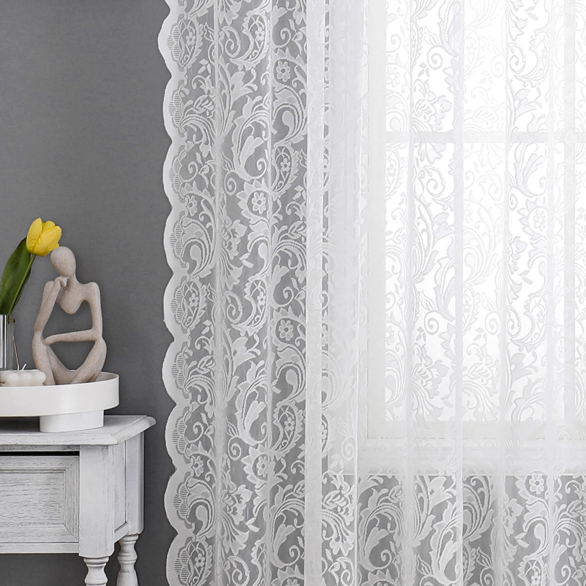 Bujasso White Sheer Lace Curtains 63 Inch Vintage Floral Sheer Window Curtain Panels For Living Room Bedroom Elegant Light Filtering White Drapes Window Treatment Sets Grommet Top 2 Panels 54"" Wx63 L