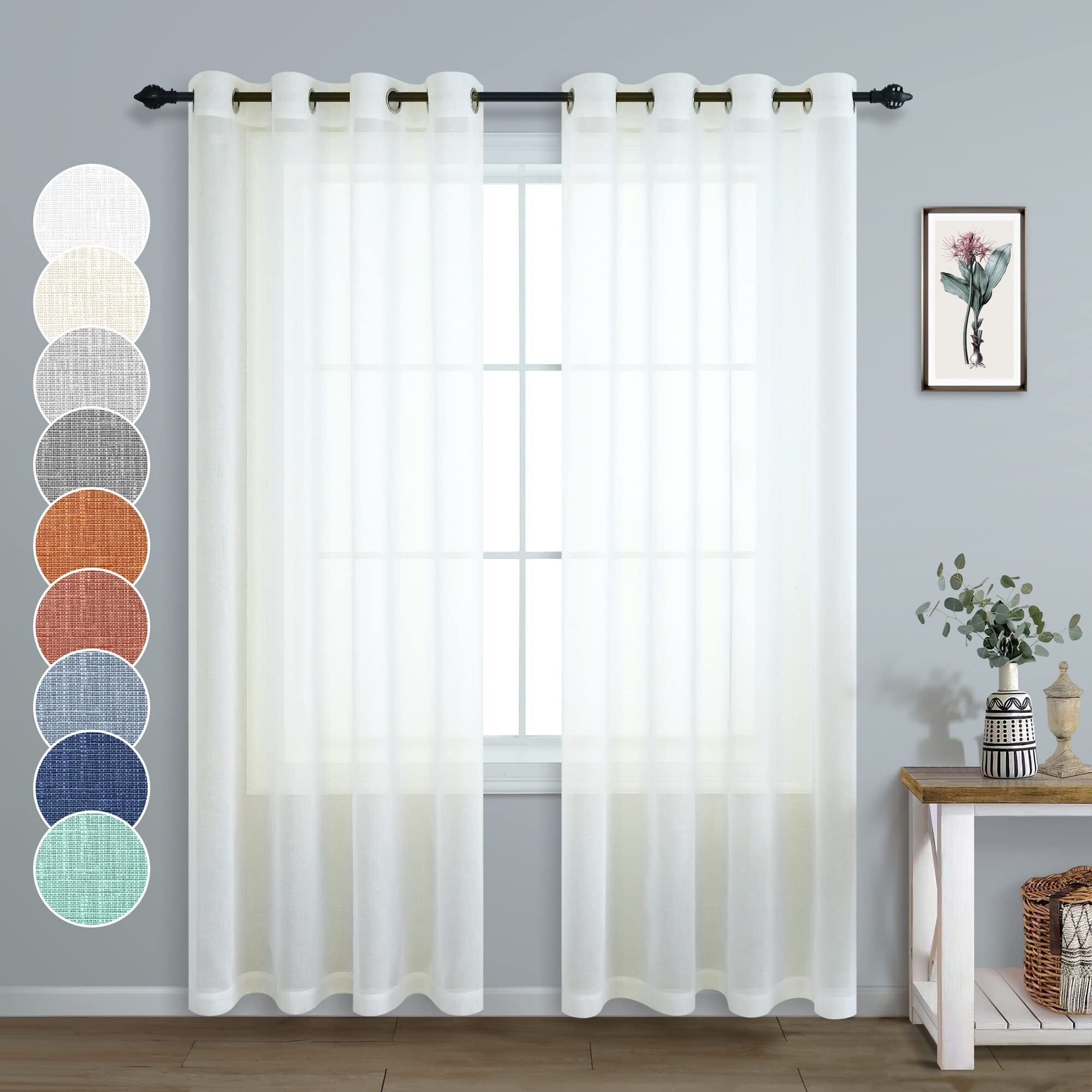 Pitalk White Semi Sheer Curtains 90 Inches Long For Living Room 2 Panels Set Rod Pocket Faux Linen Textured Lightweight Flowy See Through White Sheer Curtains For Bedroom 52 X 90 In Length 7.5 Ft Tall