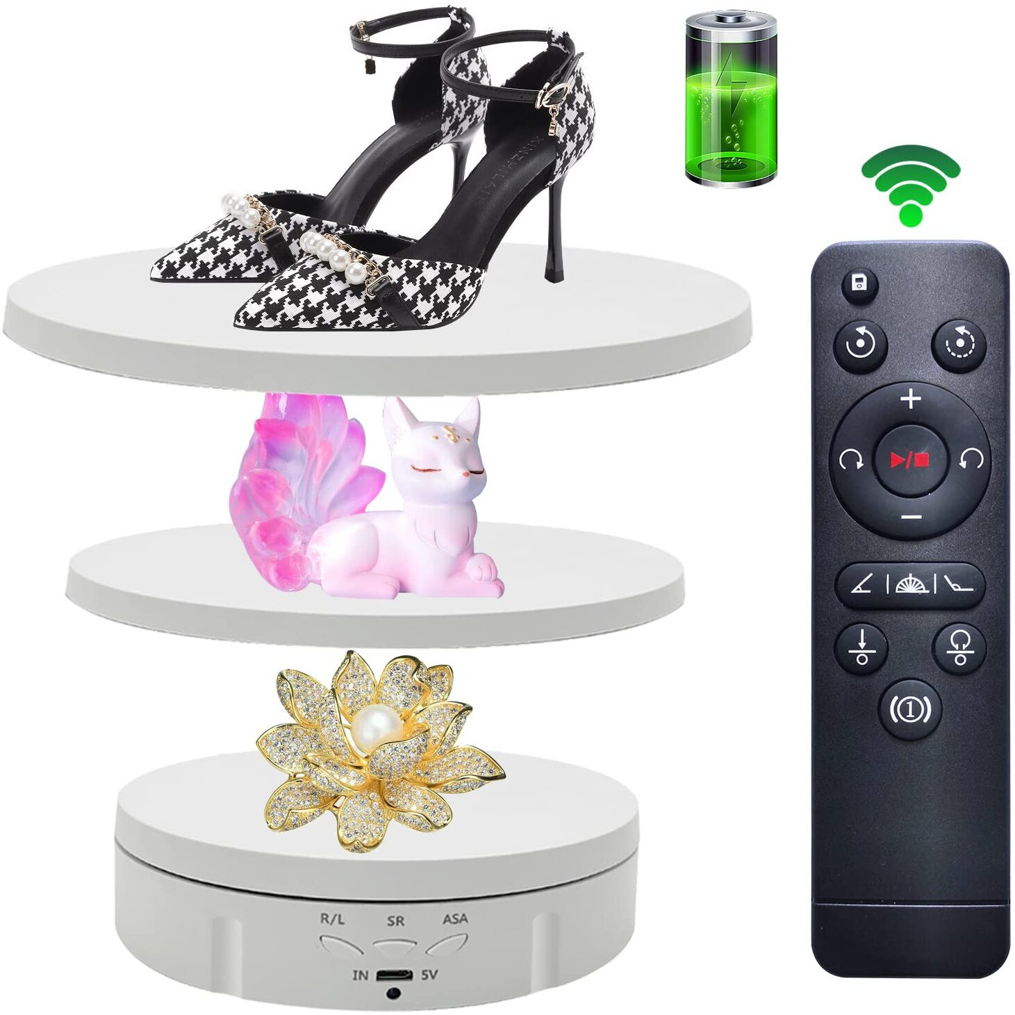 Jayegt 3In 1 Motorized Rotating Display Stand With 5.74/7.08/8.66 Inch Replacement Cover Max 22Lbs Load  360 Electronic Turntable For Photography Products (3 In1 / White/With Remote Controller)