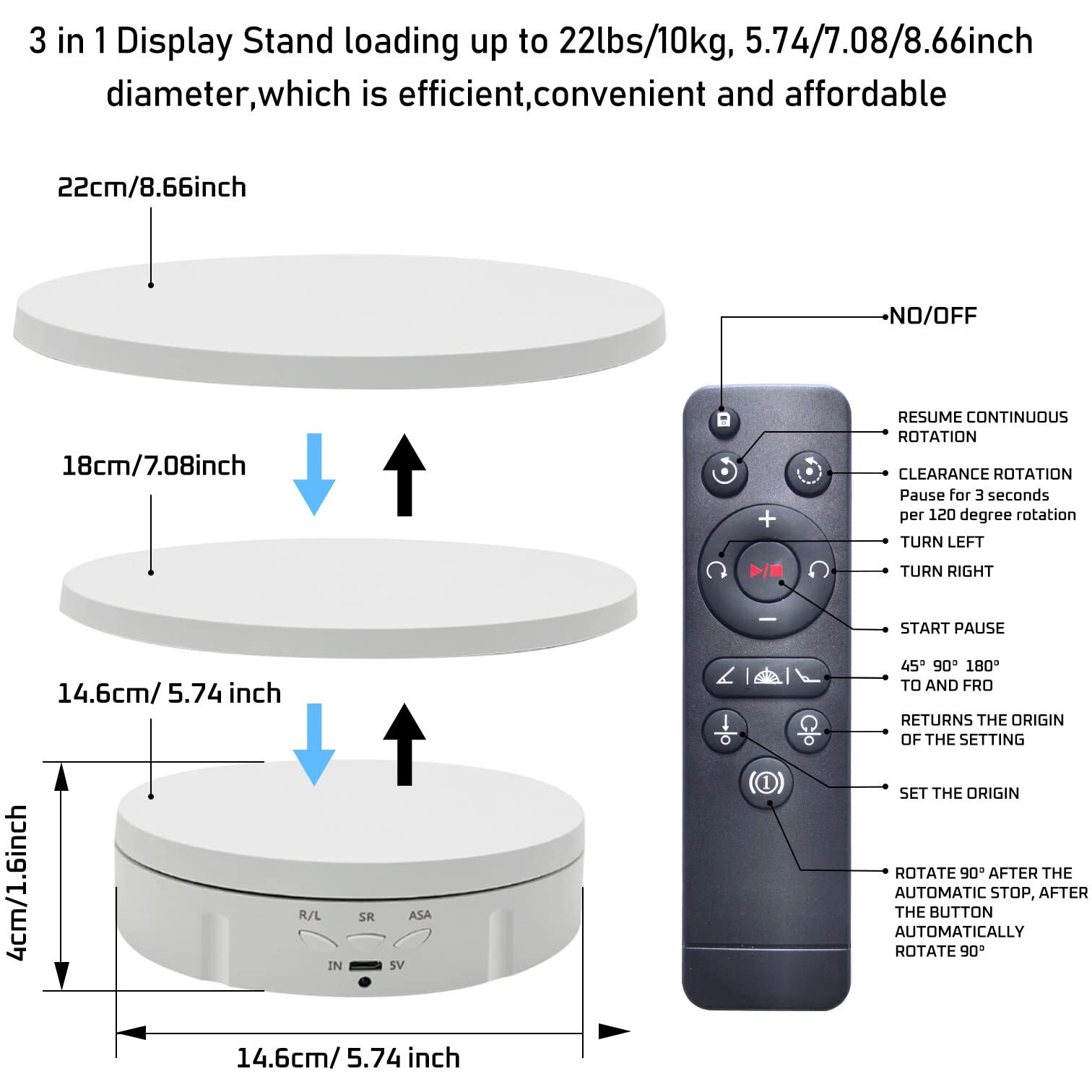 Jayegt 3In 1 Motorized Rotating Display Stand With 5.74/7.08/8.66 Inch Replacement Cover Max 22Lbs Load  360 Electronic Turntable For Photography Products (3 In1 / White/With Remote Controller)