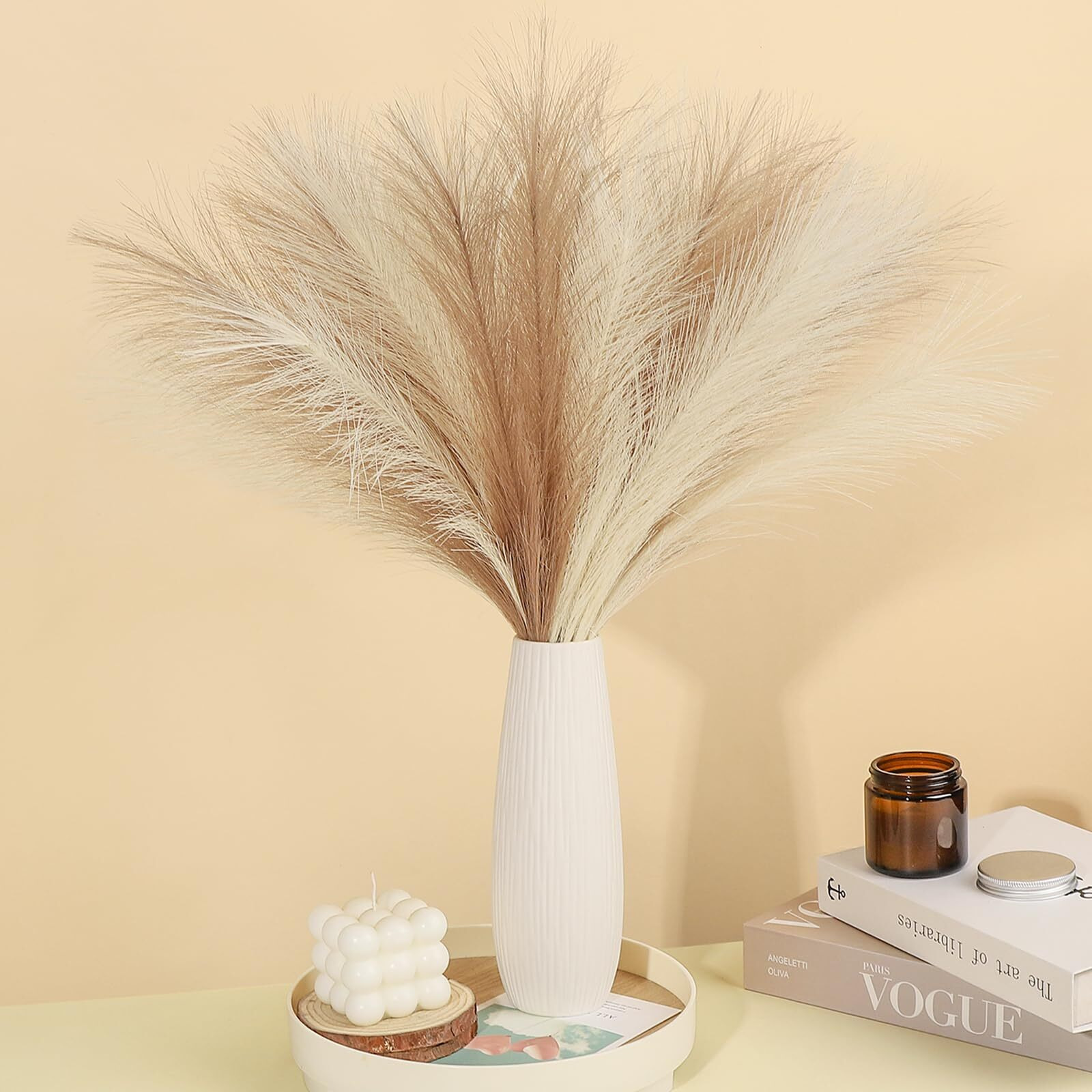 Septcat 30 Pcs Pampas Grass Decor 21.7"" Fluffy Faux Short Brown Pampas Grass Artificial Small Pompas Grass Flower Vase Filler For Home Wedding Living Room Wall Party Decoration