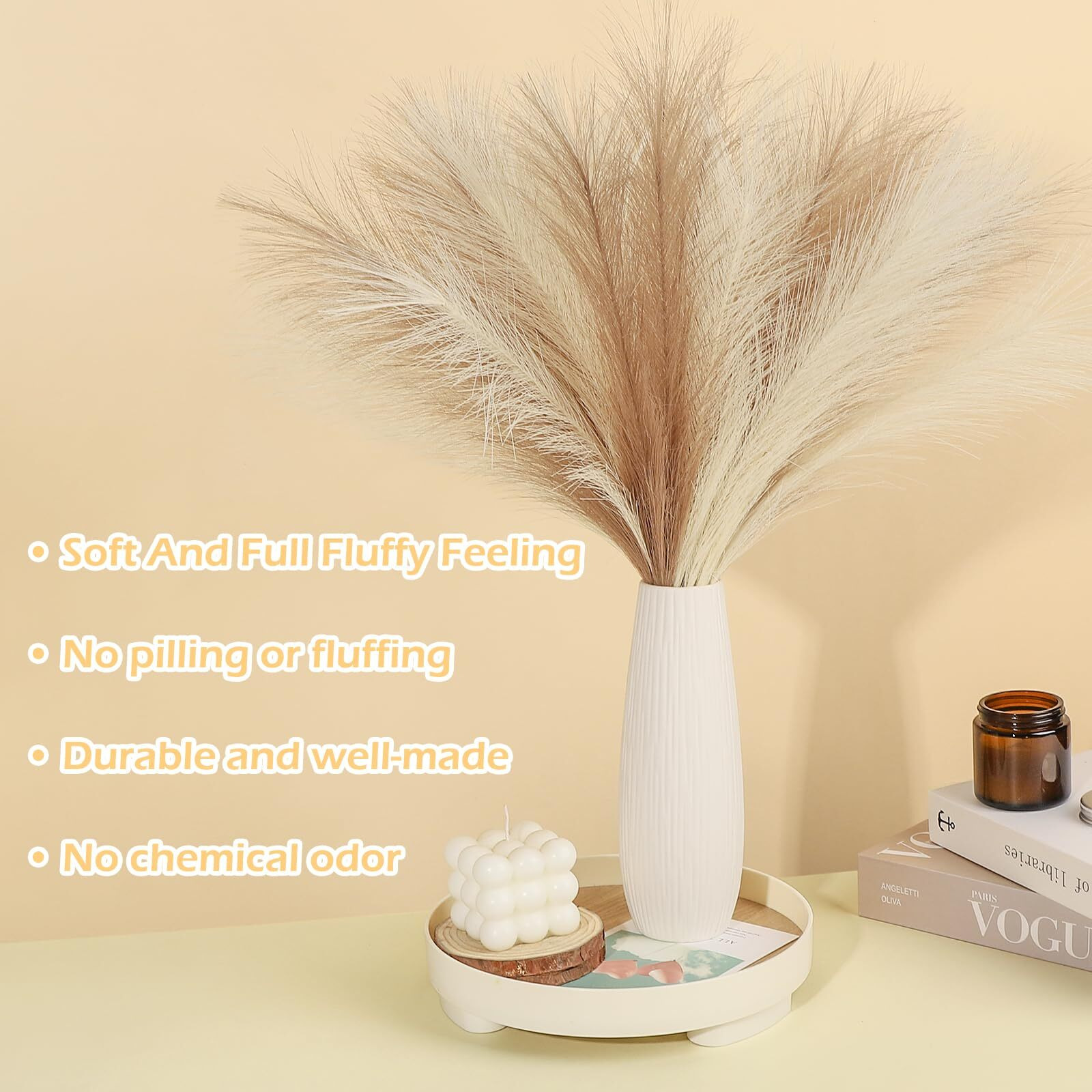 Septcat 30 Pcs Pampas Grass Decor 21.7"" Fluffy Faux Short Brown Pampas Grass Artificial Small Pompas Grass Flower Vase Filler For Home Wedding Living Room Wall Party Decoration