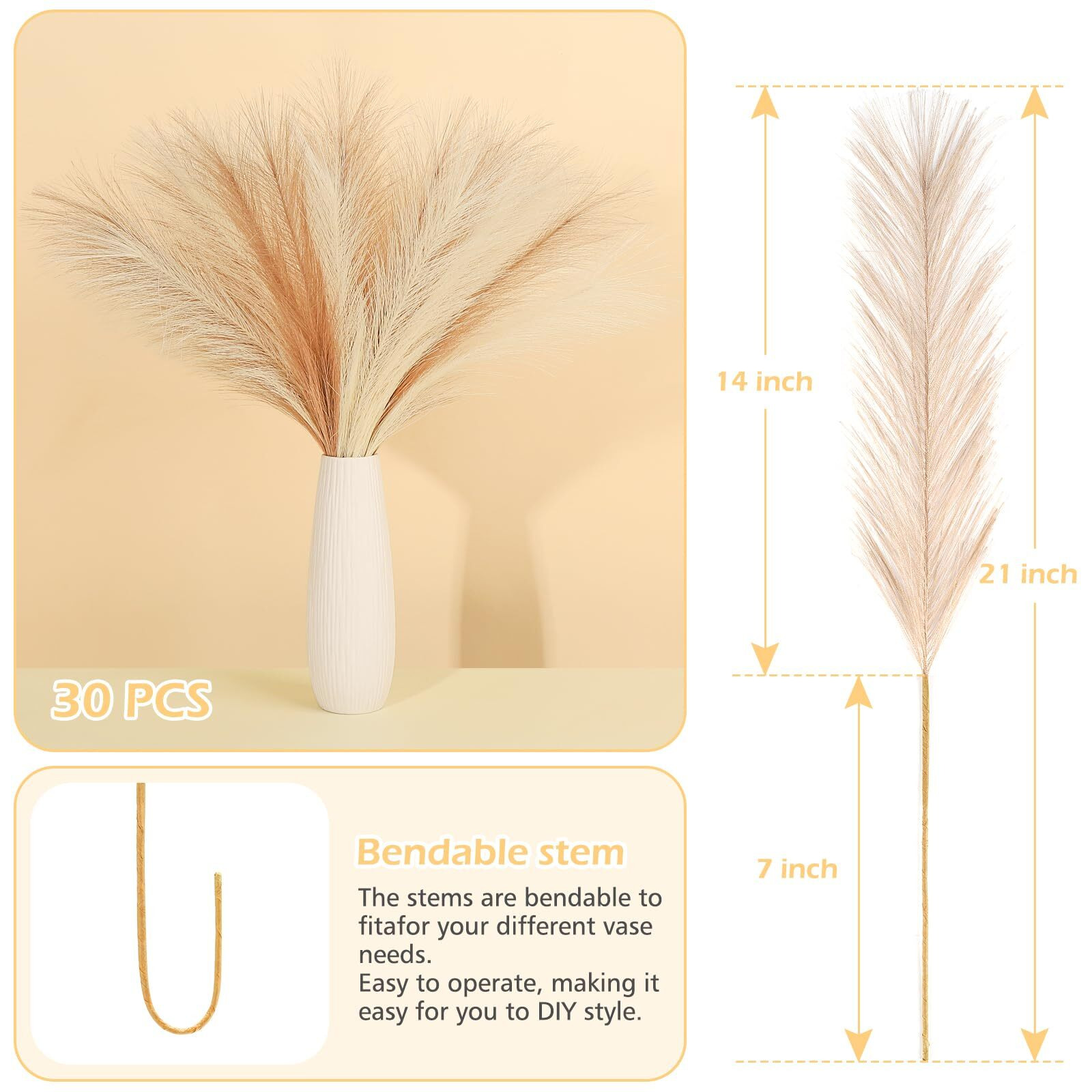 Septcat 30 Pcs Pampas Grass Decor 21.7"" Fluffy Faux Short Brown Pampas Grass Artificial Small Pompas Grass Flower Vase Filler For Home Wedding Living Room Wall Party Decoration