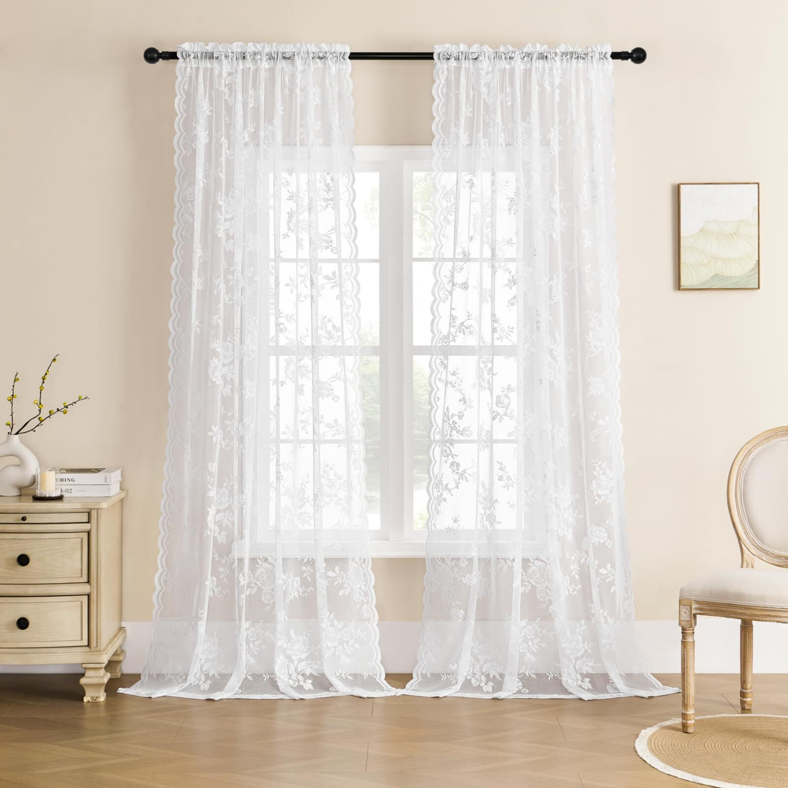 White Lace Curtains 108 Inches Long Victorian Sheer Floral Curtains For Living Room Office Rod Pocket Light Filtering Drapes For Dining Room Garden Villa Hallway French Window Decor  2 Panels  52X108
